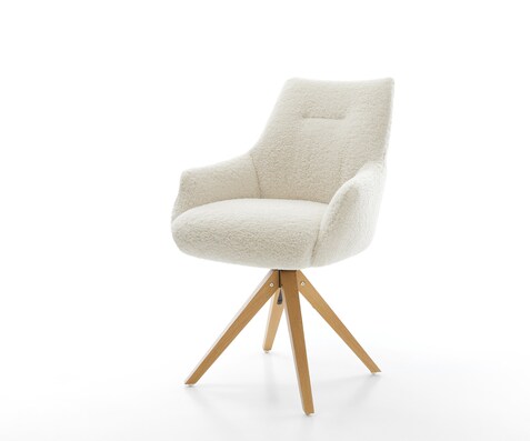 Drehstuhl Alja-Flex mit Armlehnen Teddystoff Beige Holzgestell kantig Natur 360° drehbar Taschenfederkern