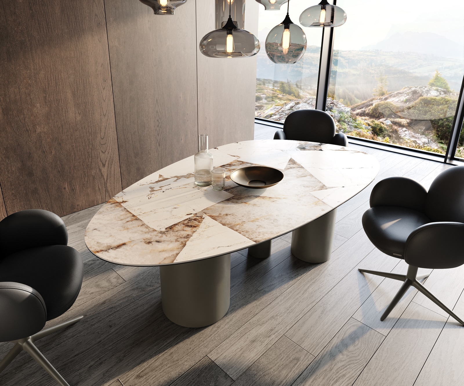 Esstisch Edge Oval 220x120 Keramik Iris FMG Patagonia Lappato Troa Metall Effektfinish Titan
