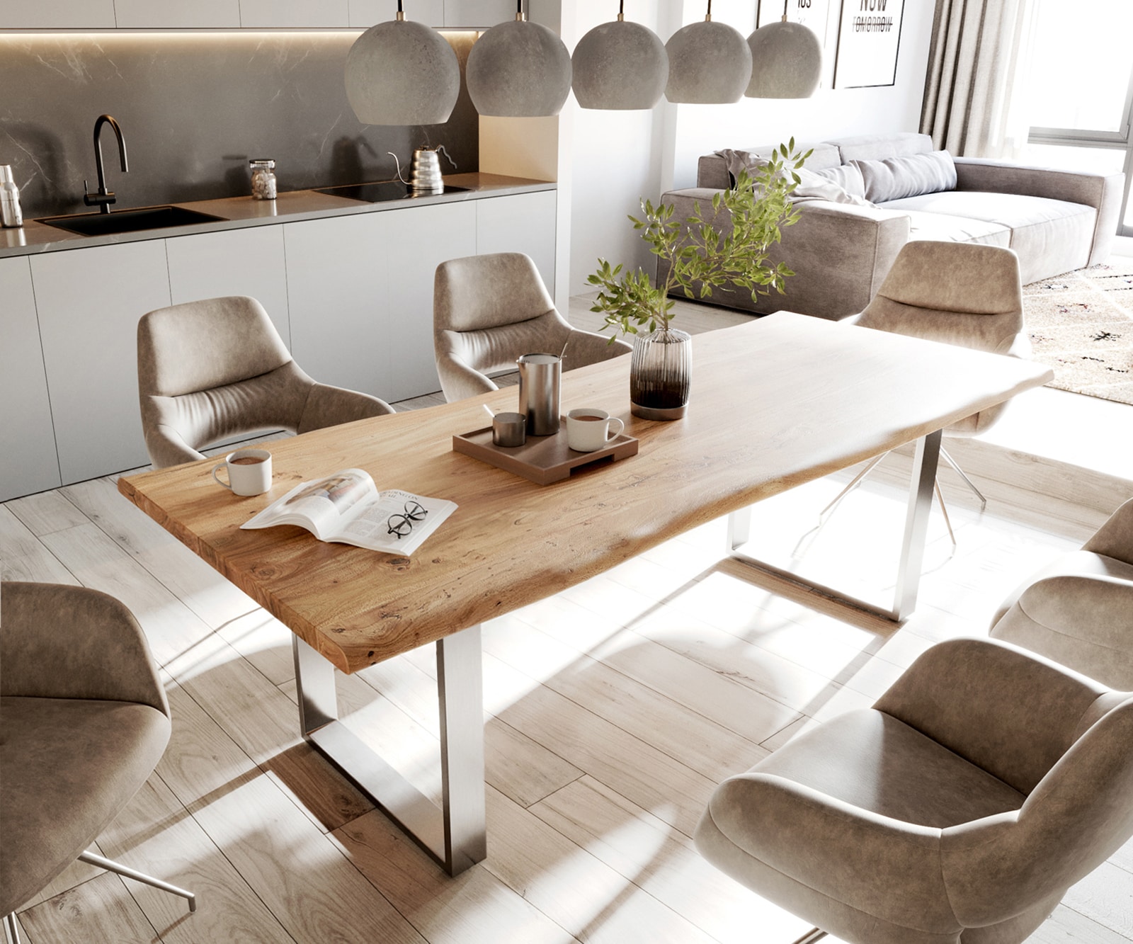 Delife Esstisch Edge 240x100cm Akazie Natur Edelstahl Schmal Live-Edge