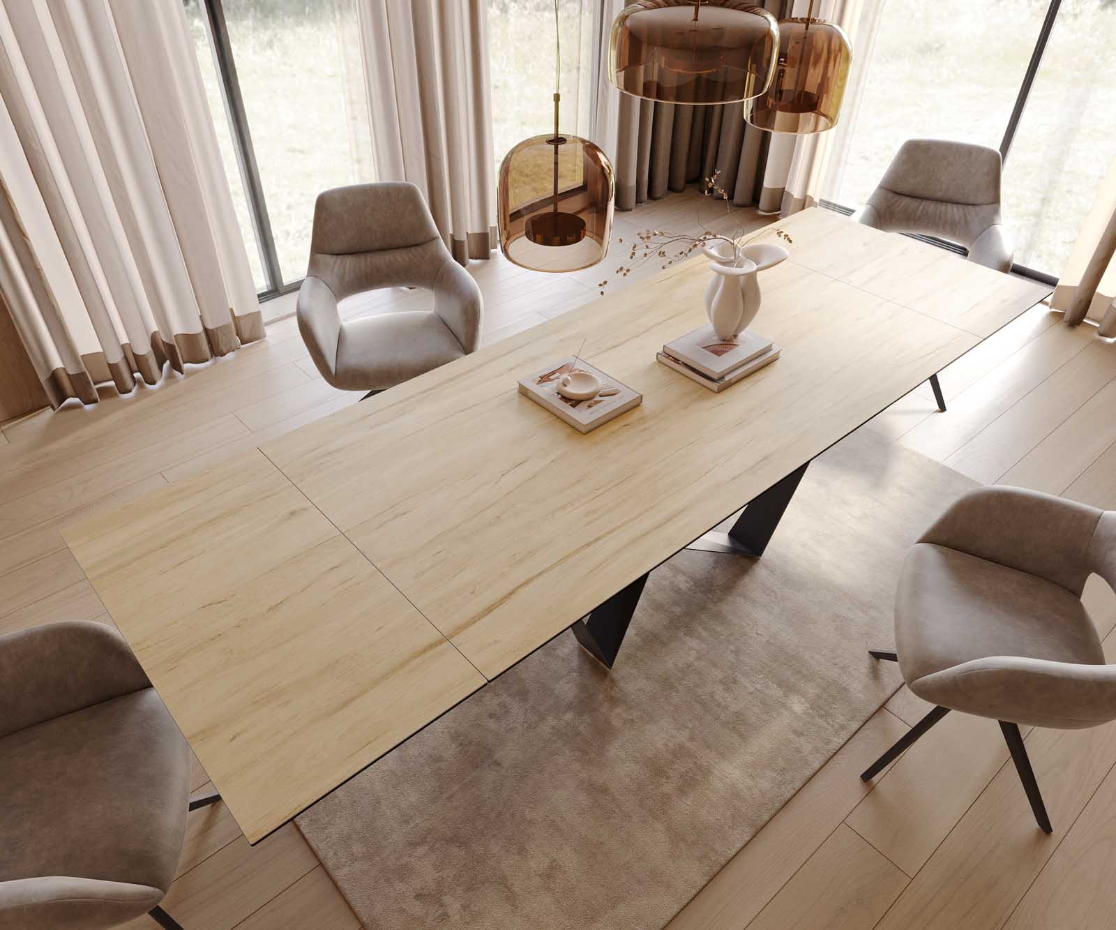 Esstisch Edge 200-300x100 Keramik Laminam® Sabbia Eichefarbig Spider Flachstahl Schwarz ausziehbar 5