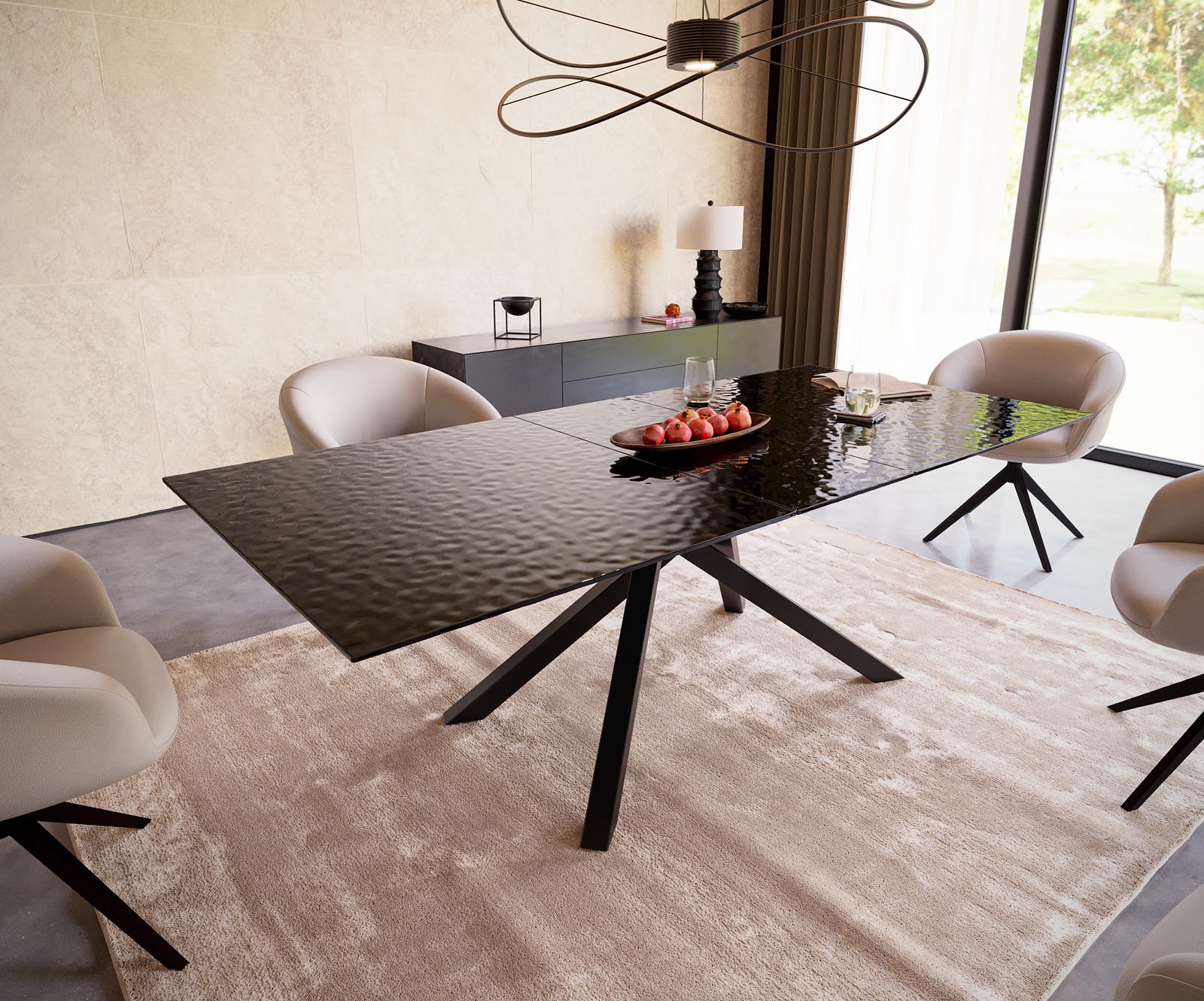 Esstisch Edge 180-220x100 Reliefglas Rauchschwarz 3D-Design Kreuzgestell Rechteck Schwarz ausziehbar Esstisch Edge 180-220x100 Reliefglas Rauchschwarz 3D-Design Kreuzgestell Rechteck Schwarz ausziehbar