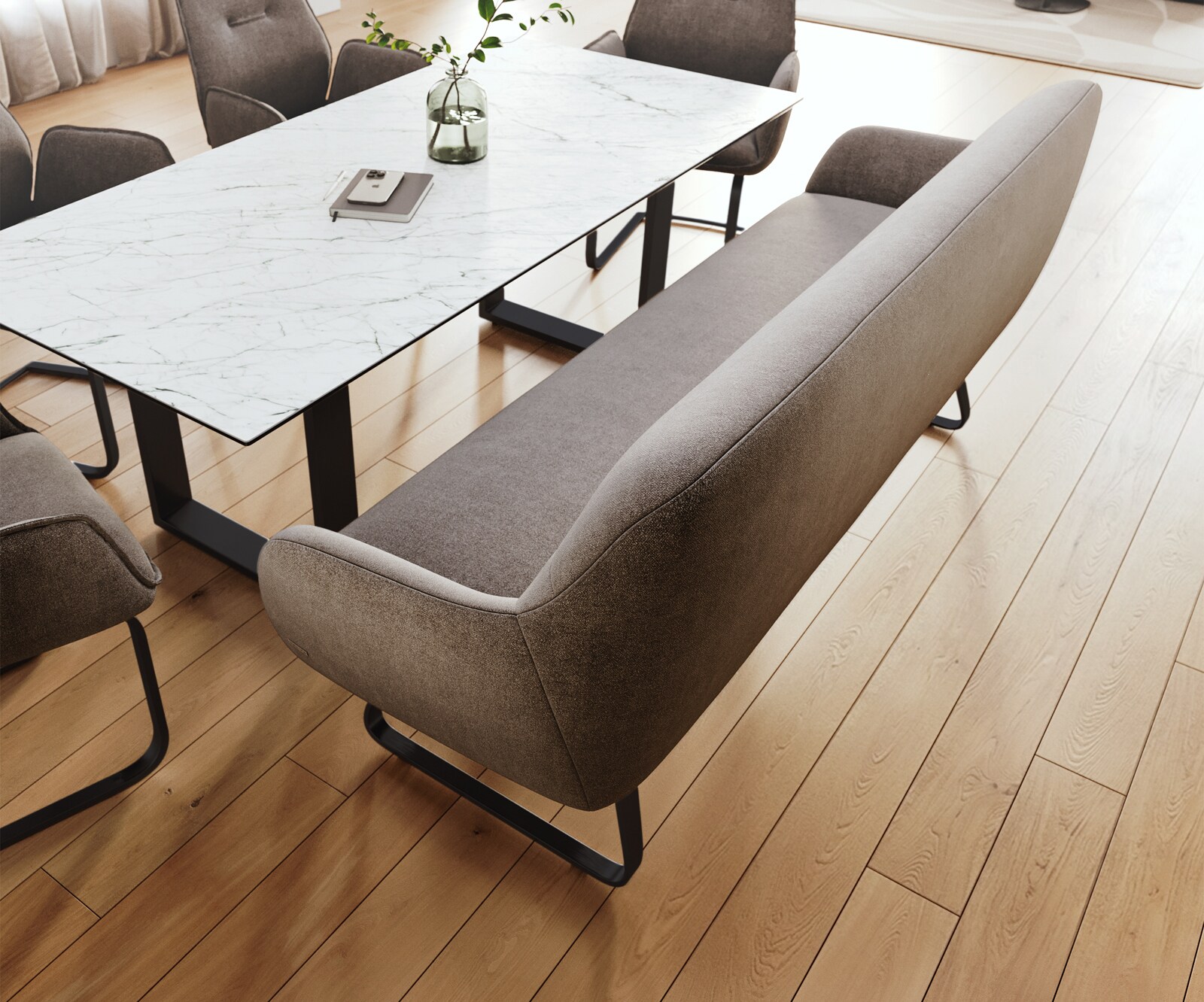 Esszimmerbank Taya-Flex 200 cm Strukturstoff Soft Taupe Kufengestell flach Schwarz Taschenfederkern 3