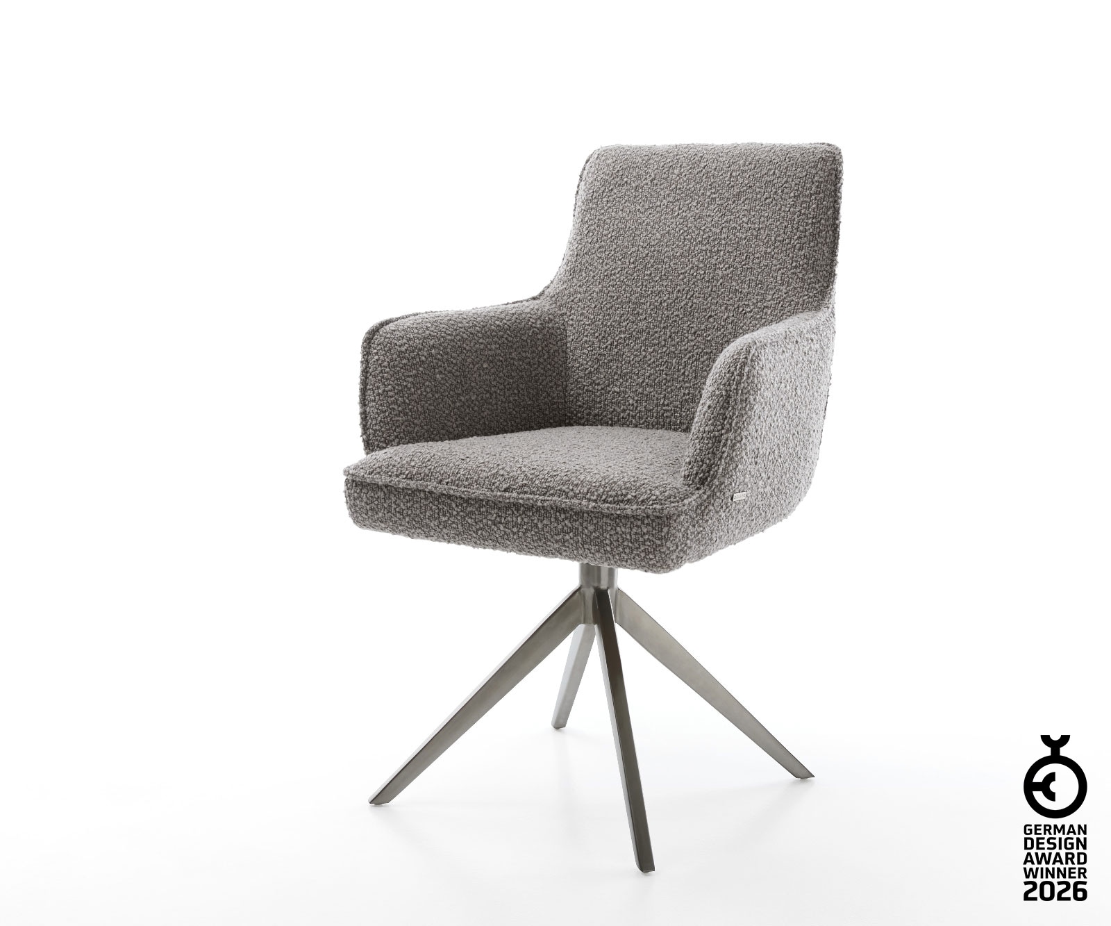 Drehstuhl Heira-Flex mit Armlehnen Bouclé Silbergrau Kreuzgestell breit Graphit 360° drehbar Wippfunktion Taschenfederkern