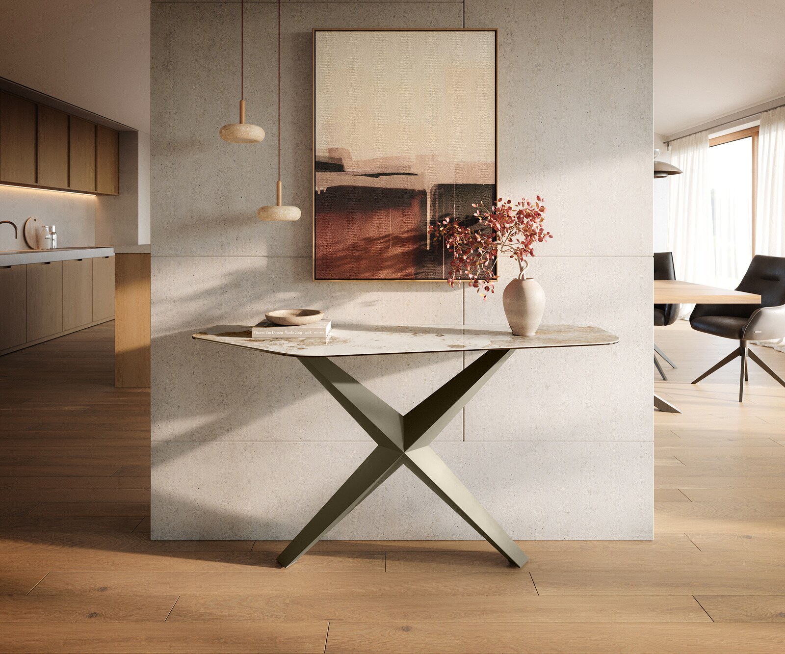Konsolentisch Edge Polygonal 140x50 cm Keramik Minas Melange Weiß-Beige Zentharo Metall Effektfinish Titan 1