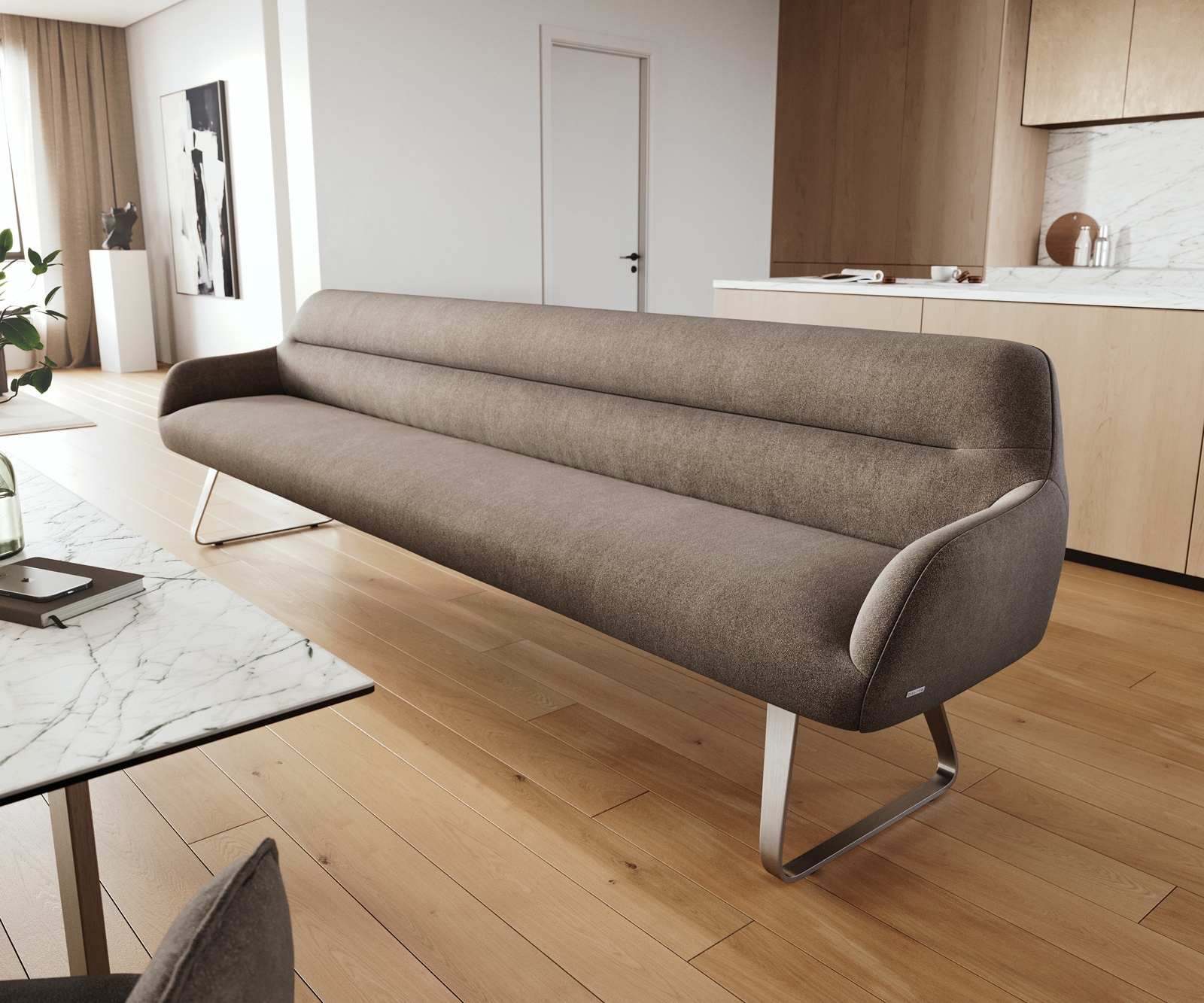 Esszimmerbank Taya-Flex 300 cm Strukturstoff Soft Taupe Kufengestell flach Edelstahl Taschenfederkern