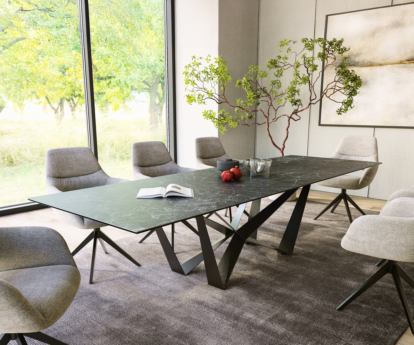 Esstisch Edge 300x100cm Keramik Laminam®Nero Greco Anthrazit Spider Flachstahl Schwarz