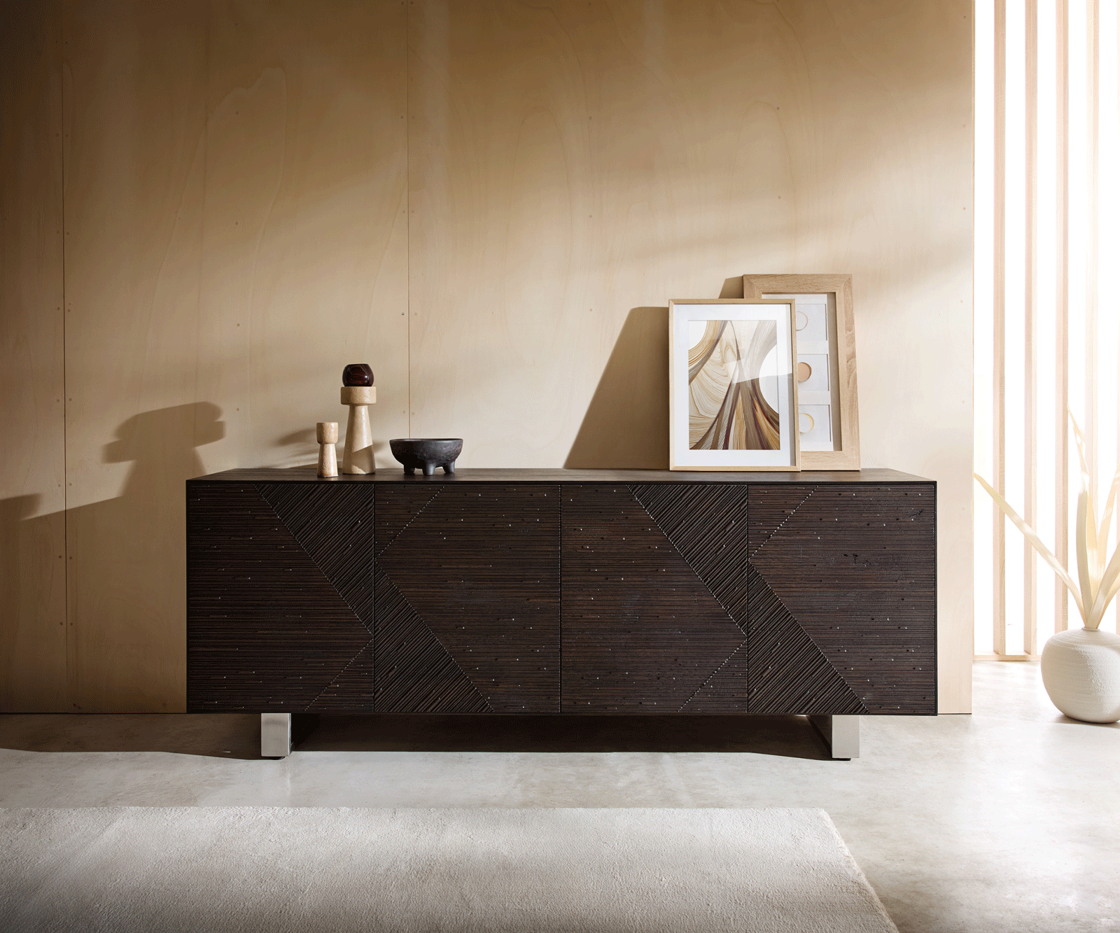 Sideboard Tereos 200 cm Esche Dunkelbraun 3D Effekt 4 Türen Kufe Edelstahl gebürstet 4