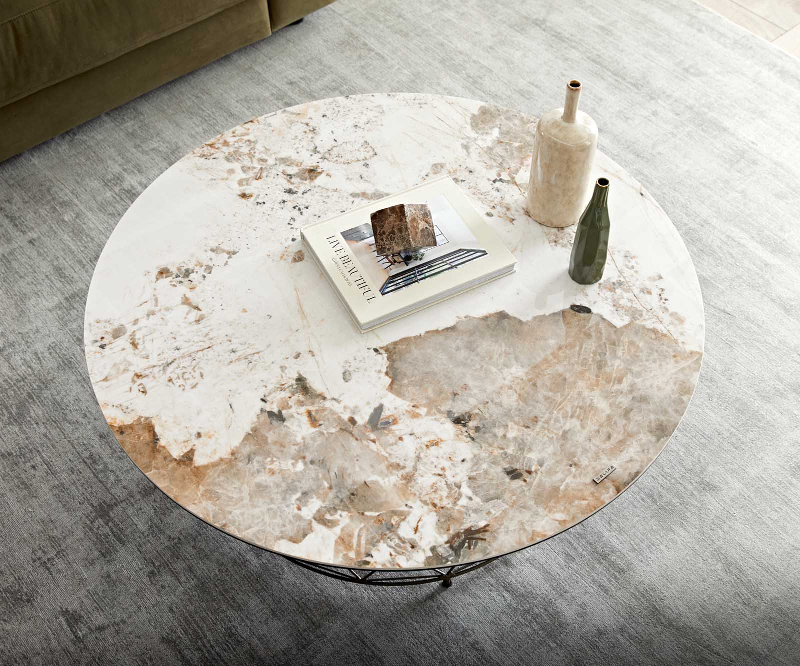 Wohnzimmertisch Lassina Keramik Minas Melange Weiß-Beige 100x100 cm Gestell Metall Effektfinish Titan