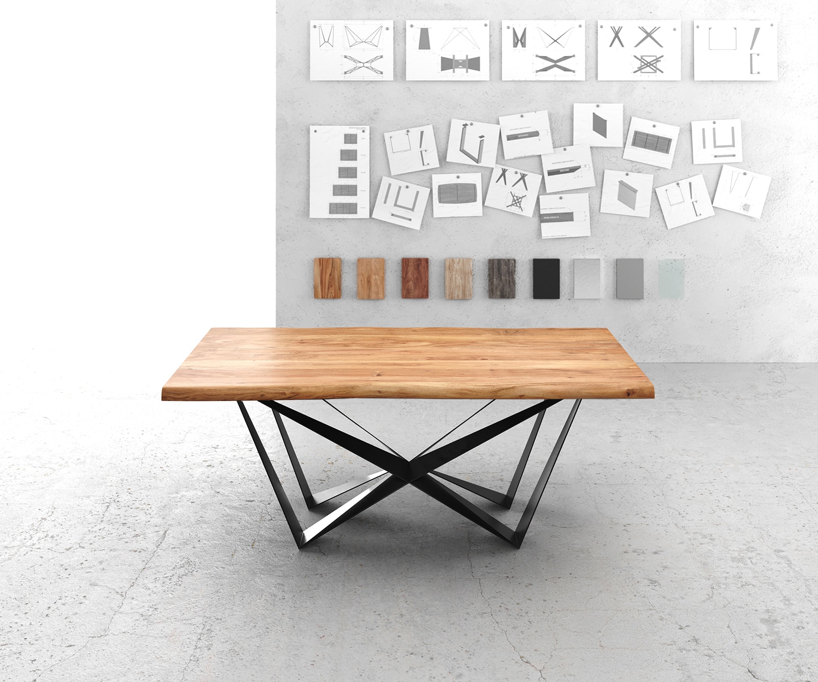 Esstisch Edge 200x100 XL Akazie Natur Spider Flachstahl Schwarz Live-Edge 2