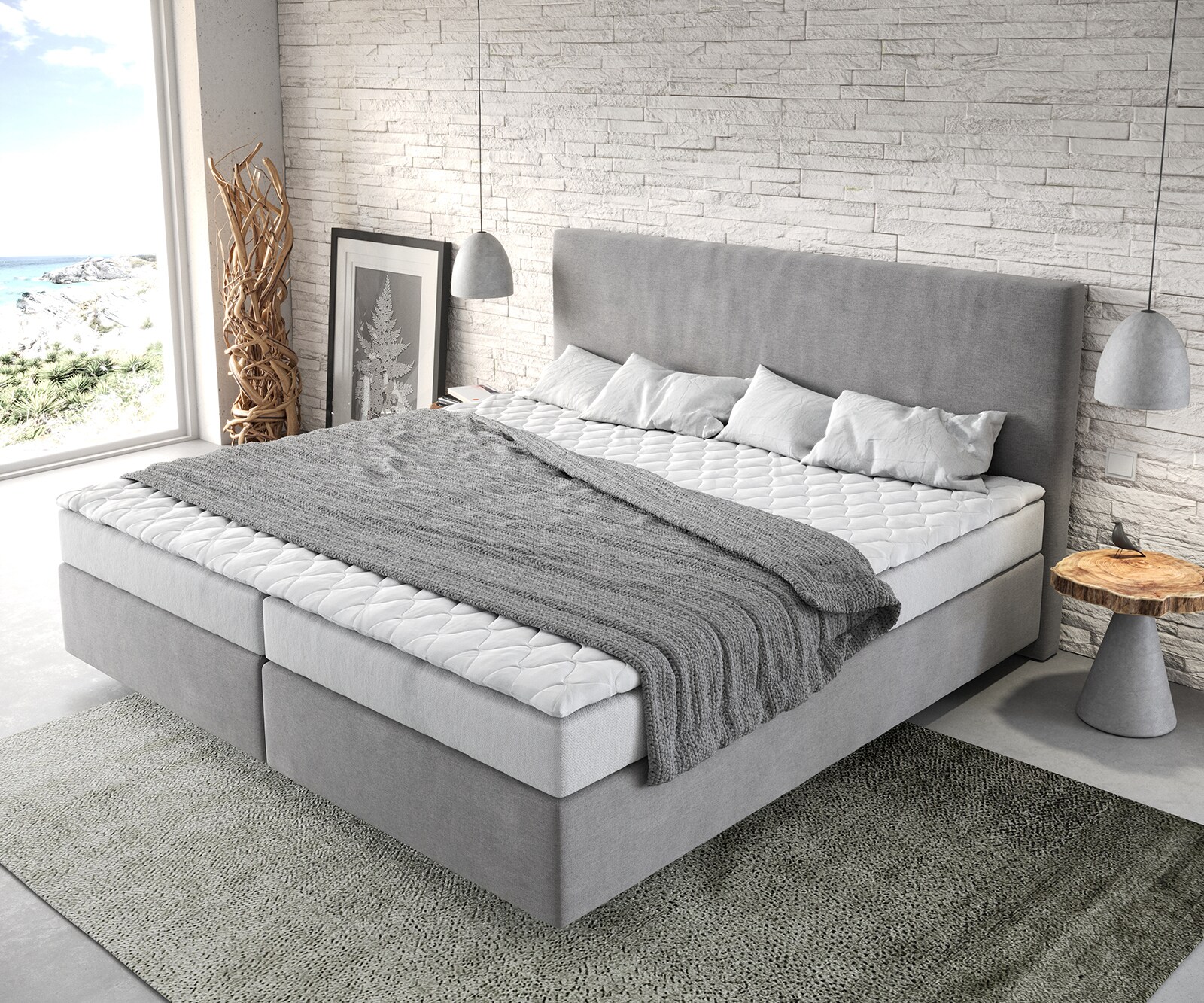 Boxspringbett Dream-Well Mikrofaser Grau 200x200 cm Bonell-Matratze PU-Topper 3