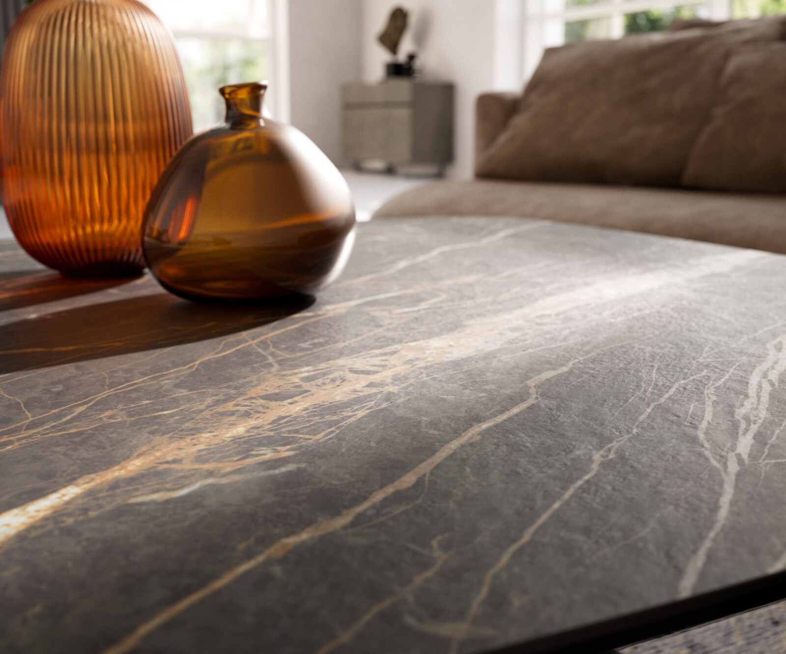 Couchtisch Edge Boot 90x90 cm Keramik Laminam® Noir Desir Braun Sarity Edelstahl gebürstet 7