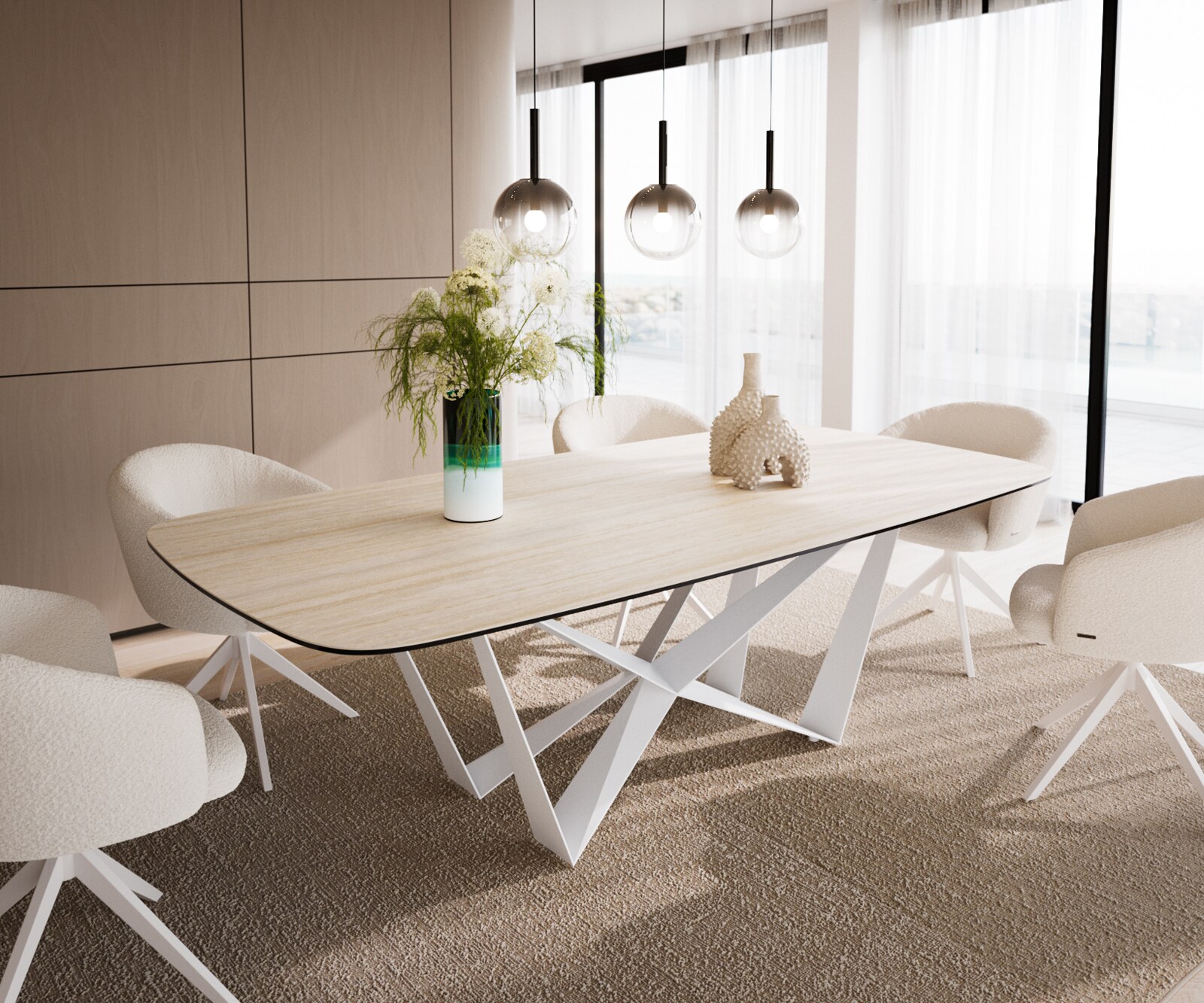 Esstisch Edge Boot 240x120 cm Keramik Travertin Natur Spider Metall Weiß günstig online kaufen