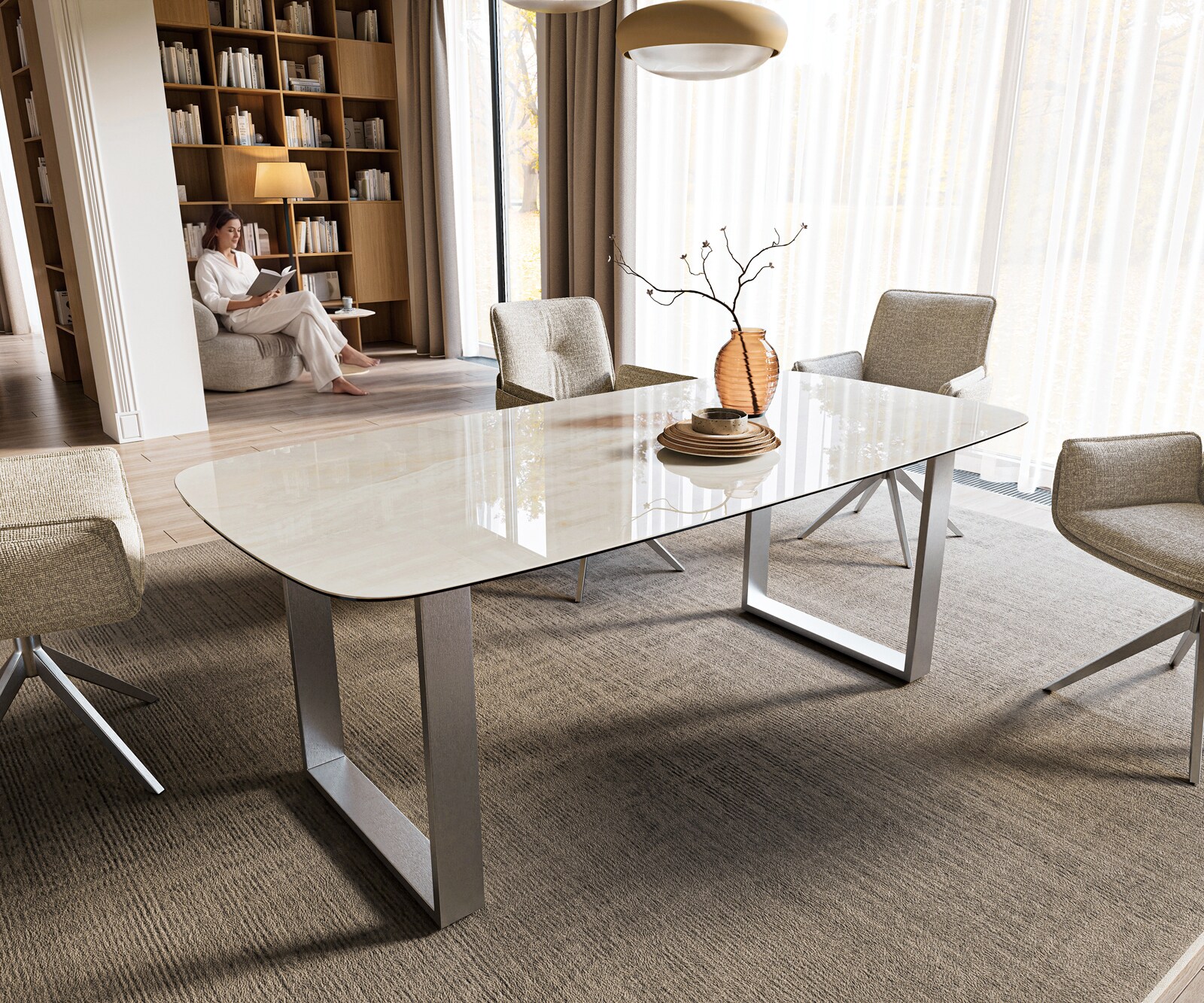 Esstisch Edge Boot 200x100 cm Keramik Onyx Champagne Edelstahl Breit 1