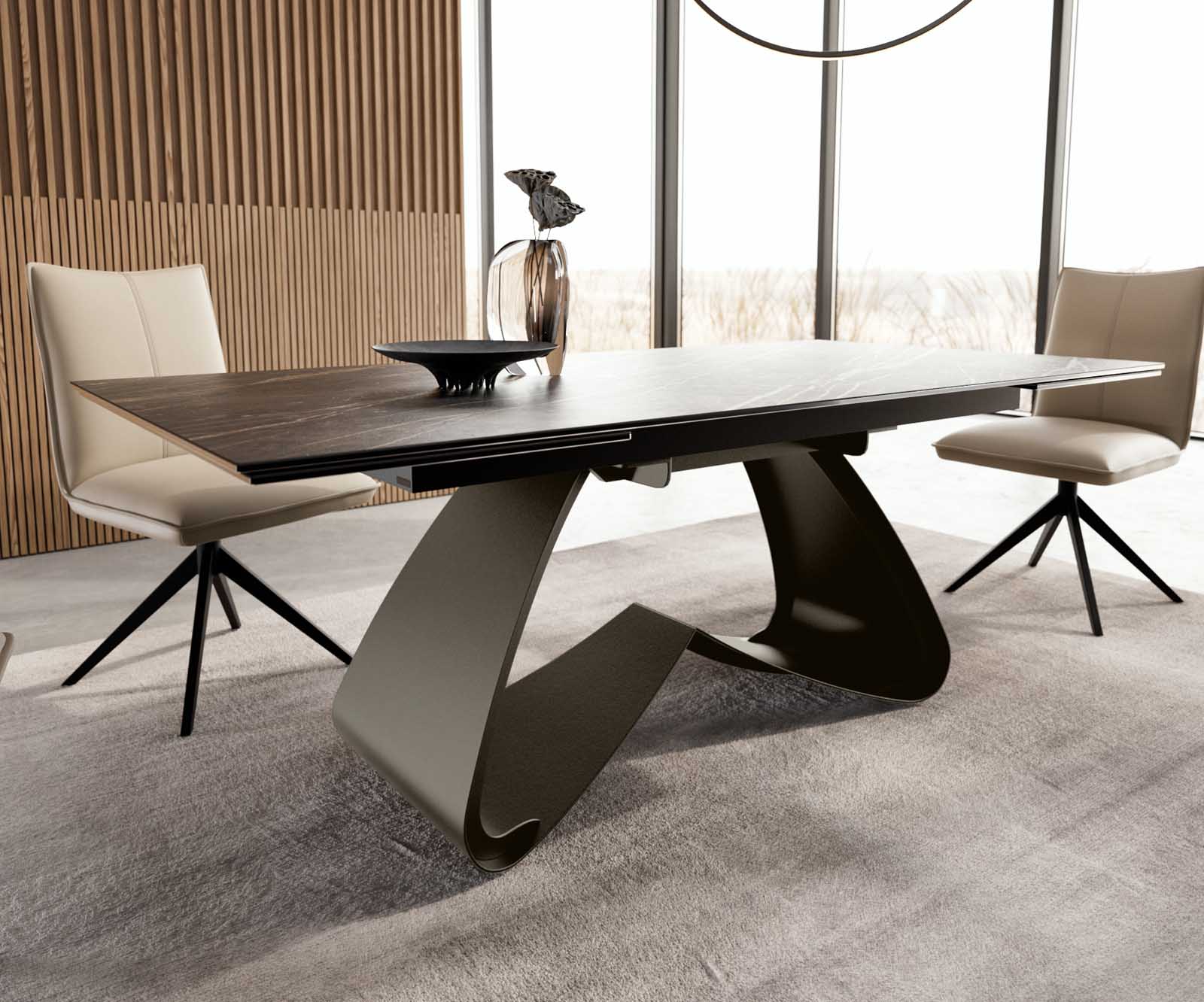Esstisch Edge 200-300x100 Keramik Laminam®Noir Desir Braun W-Gestell Effektfinish Titan Ausziehbar 5