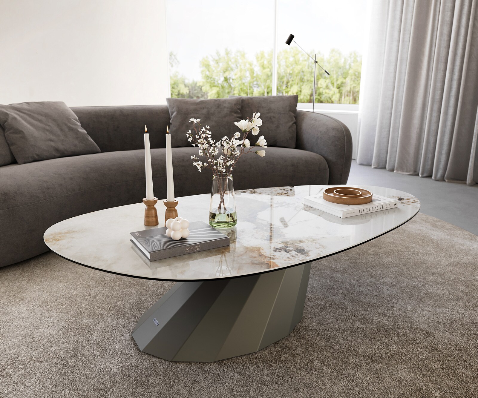 Couchtisch Edge Oval 140x75 cm Keramik Minas Melange Parabi Metall Effektfinish Titan