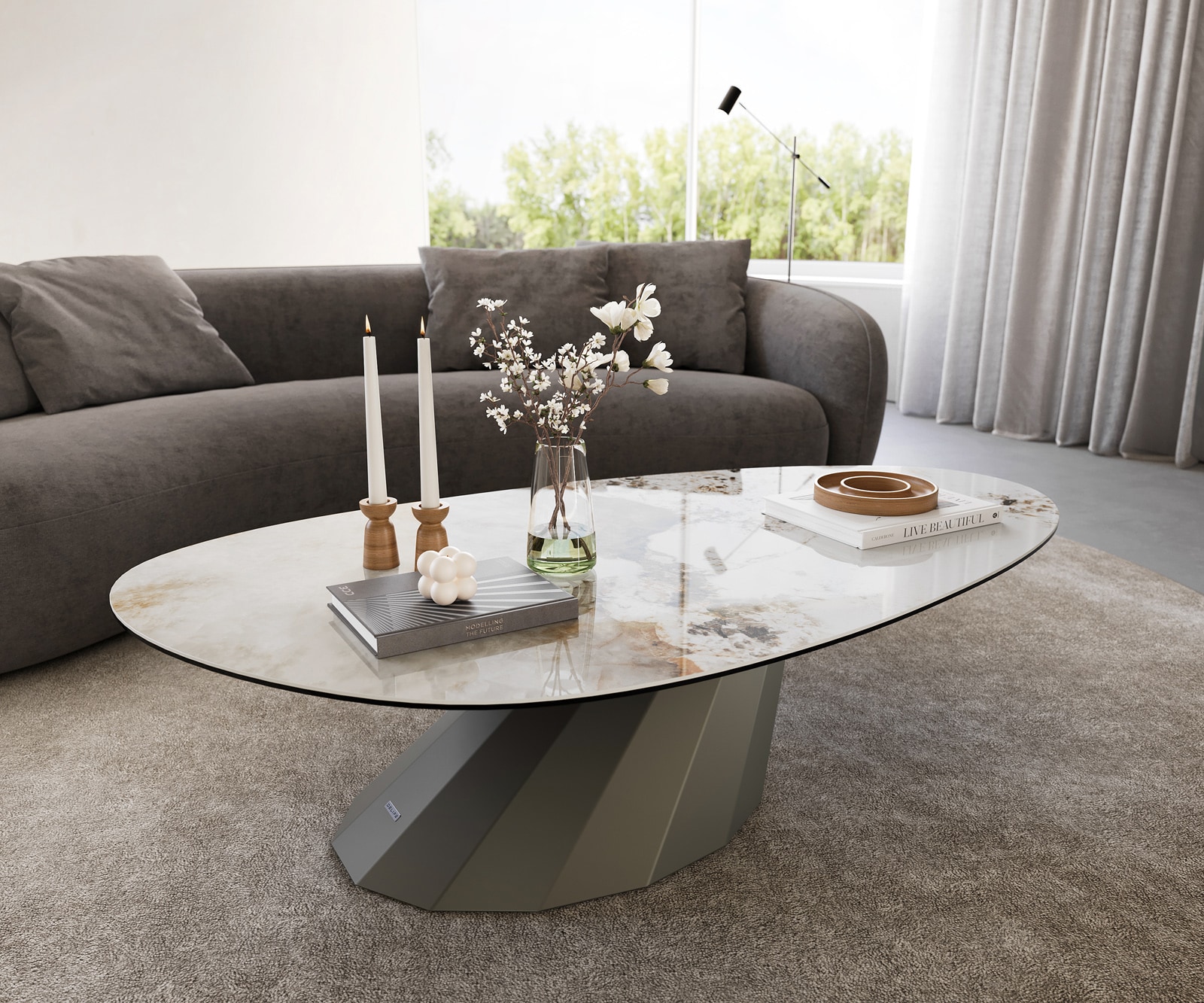 Couchtisch Edge Oval 140x75 cm Keramik Minas Melange Parabi Metall Effektfinish Titan