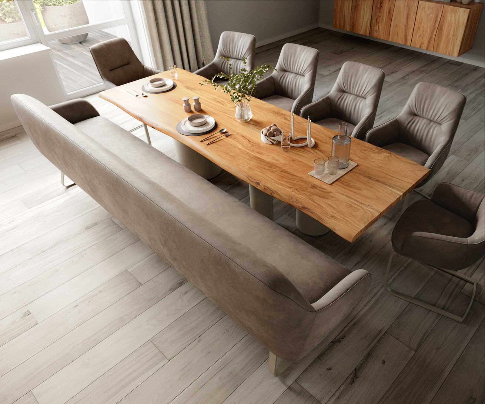 Esszimmerbank Taya-Flex 300 cm Mikrofaser Taupe Vintage Kufengestell flach Effektfinish Titan Taschenfederkern 3