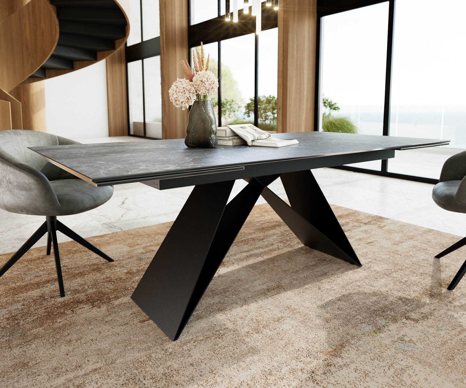 Esstisch Edge 200-300x100 Keramik Laminam®Nero Greco Anthrazit V-Gestell Flachstahl Schwarz ausziehbar 3