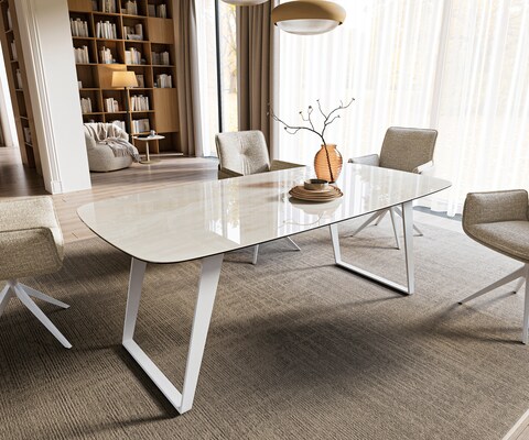 Esstisch Edge Boot 200x100 cm Keramik Onyx Champagne Metall Schräg Weiß