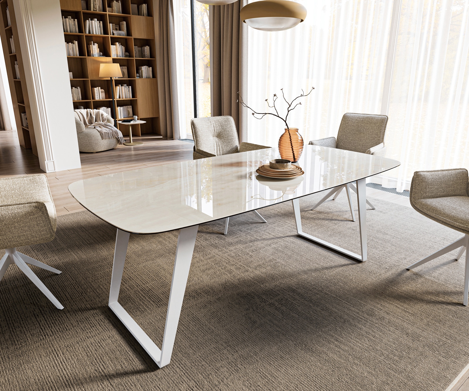 Esstisch Edge Boot 200x100 cm Keramik Onyx Champagne Metall Schräg Weiß