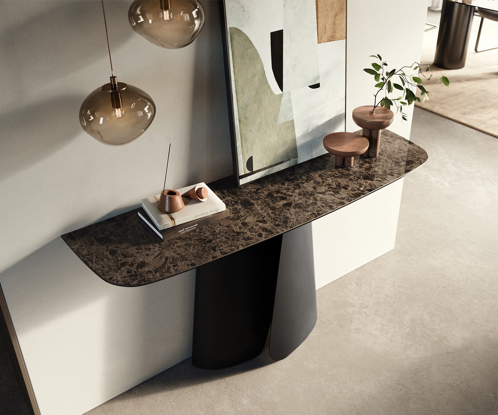 Konsolentisch Edge Boot 140x40 cm Keramik Emperador Extra Lucidato Dunkelbraun Livos Metall Schwarz 2