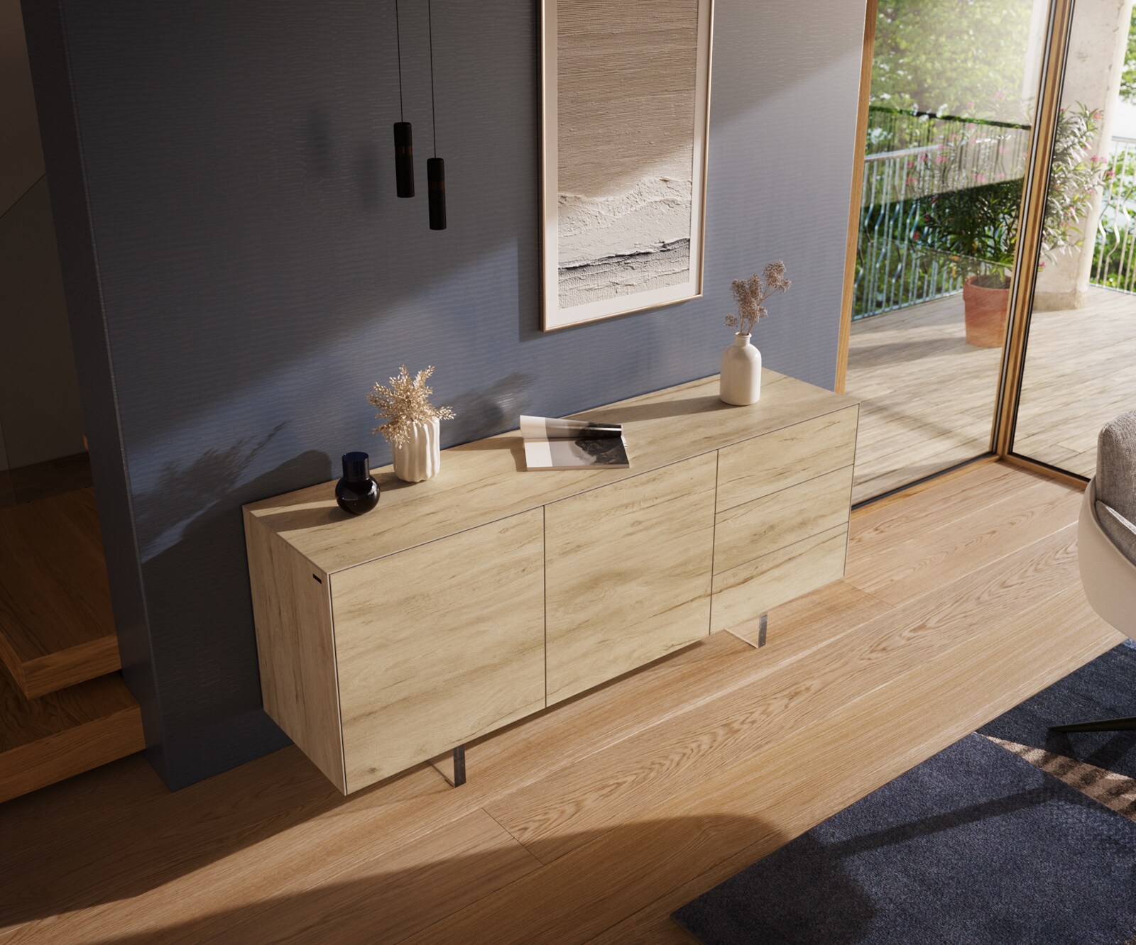 Sideboard Cuor 180 cm Keramik Laminam® Sabbia Eichefarbig 2 Türen 3 Schubfächer Fuß Schwebeoptik Acrylglas 4