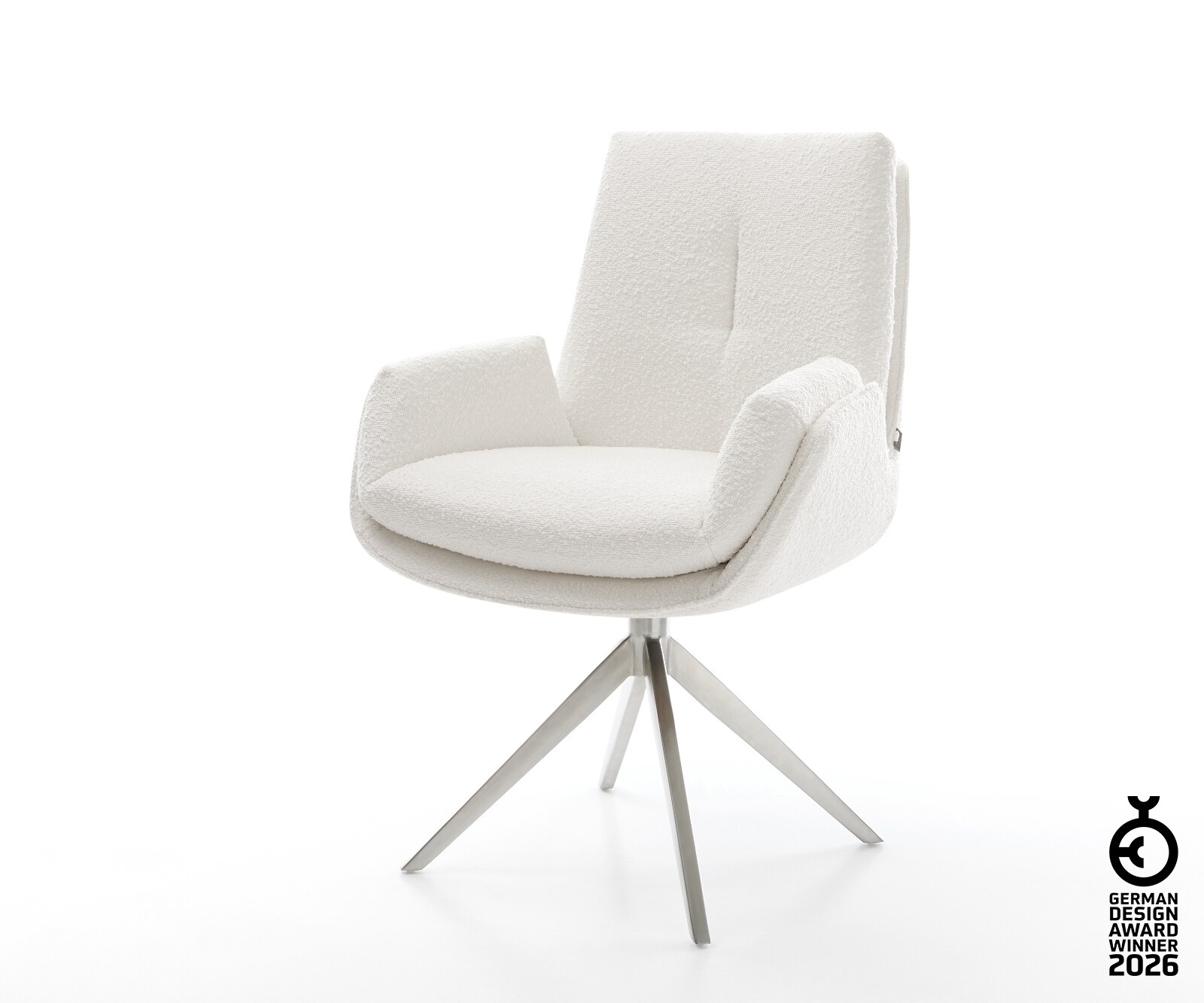 Drehstuhl Clea-Flex Bouclé Creme-Weiß Kreuzgestell breit Edelstahl 360° drehbar Wippfunktion