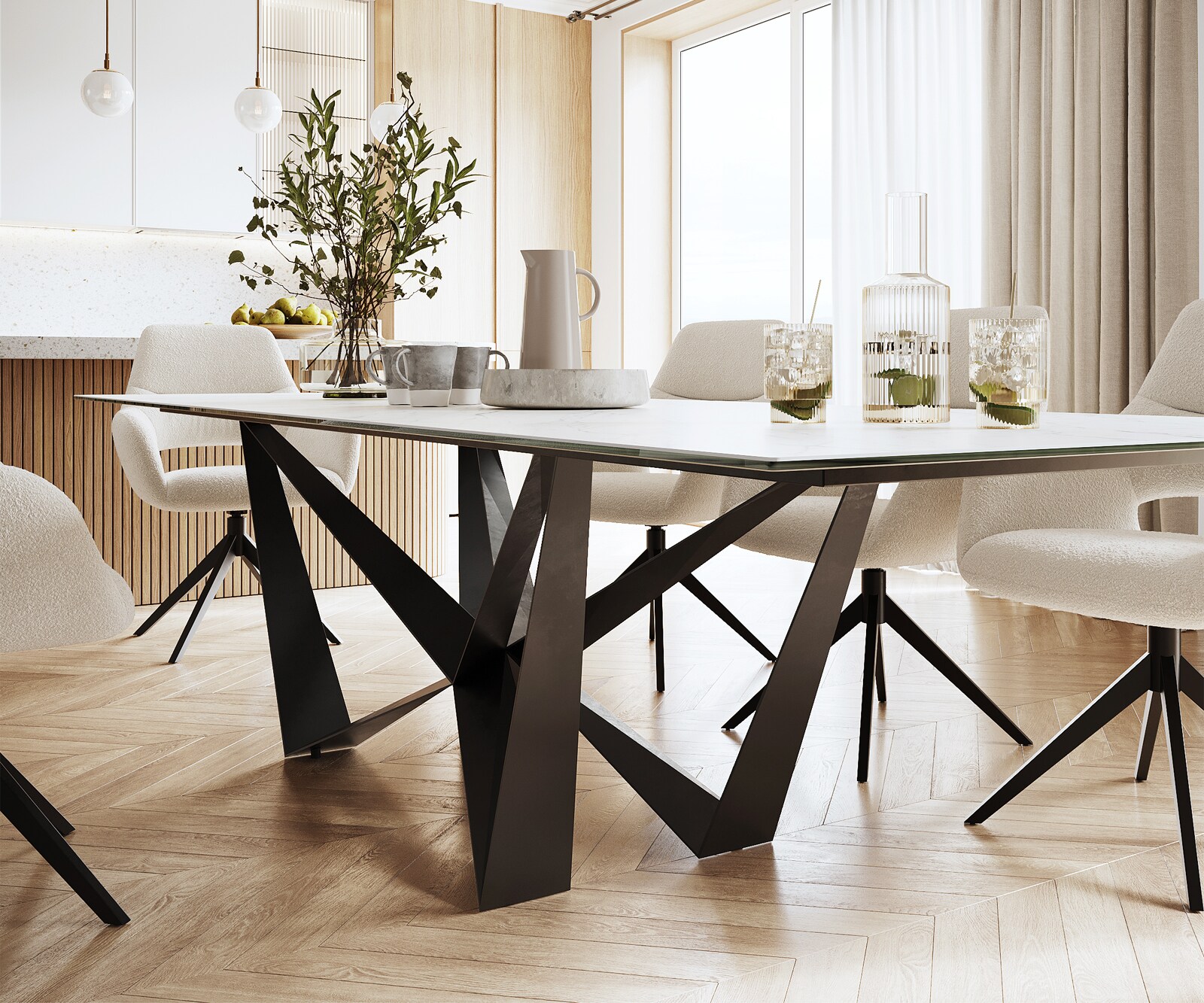 Esstisch Edge 300x100cm Keramik Laminam®Statuarietto Weiß Mittelfuß Flachstahl Schwarz 5