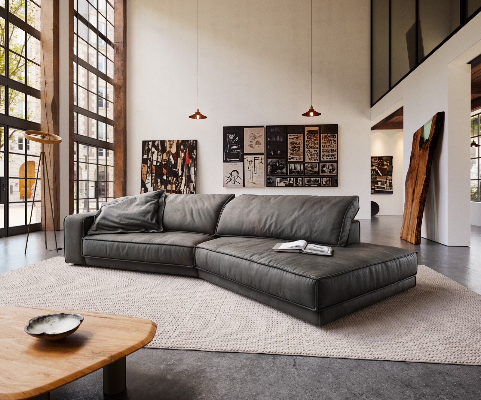 DELIFE Big-Sofa Snoosh 400x150 cm Mikrofaser Schwarz Vintage Recamiere rechts