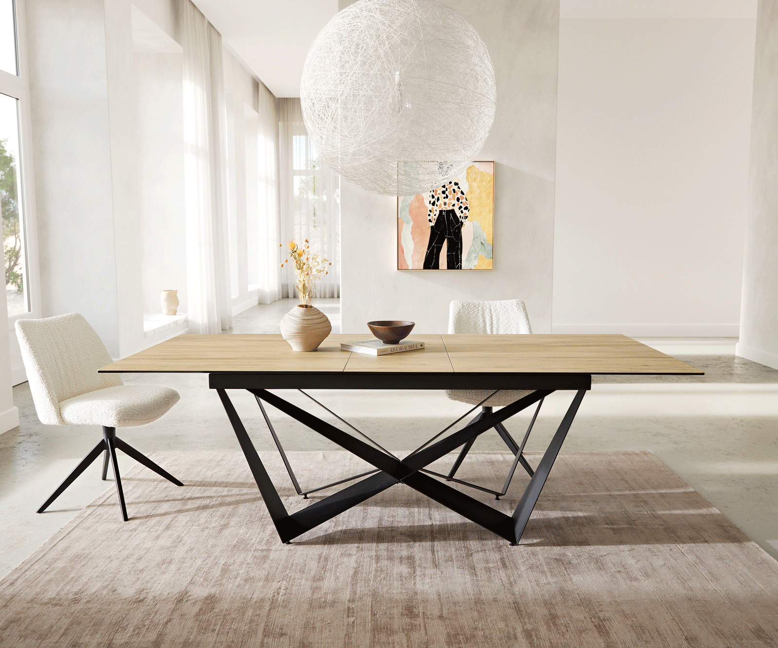 Esstisch Edge 180-220x100 Keramik Laminam® Sabbia Eichefarbig Spider Flachstahl Schwarz ausziehbar 6