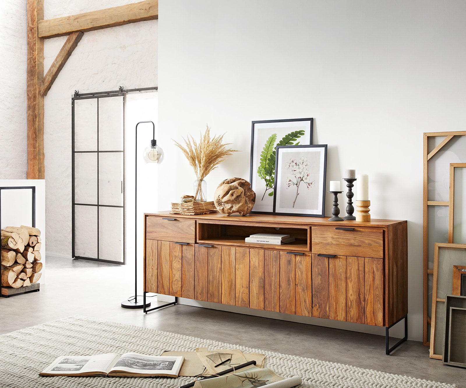 Sideboard Nook 200 cm Sheesham Natur 4 Türen 2 Schübe