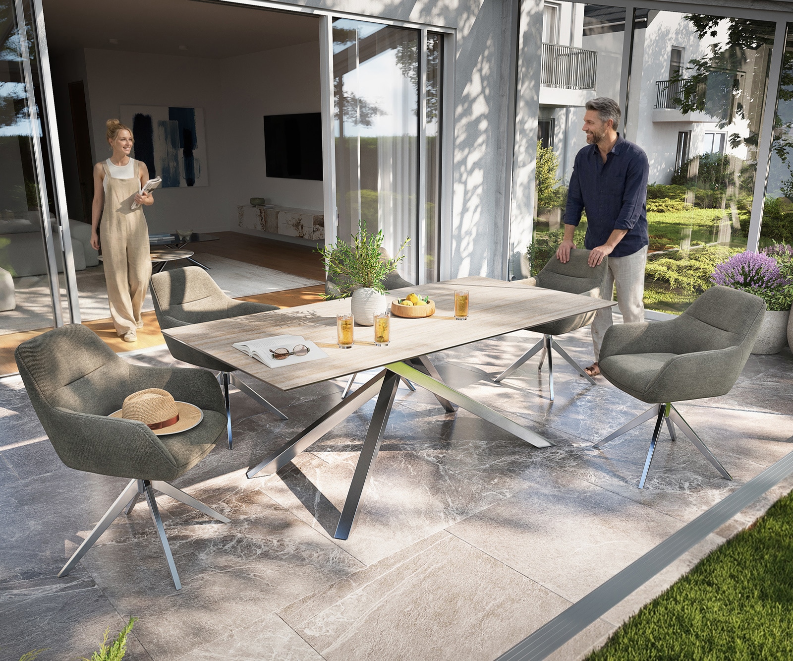 Outdoortisch Edge 200x100 cm Keramik Laminam® Travertino Bianco Creme-Weiß Kreuzgestell Rechteck Edelstahl