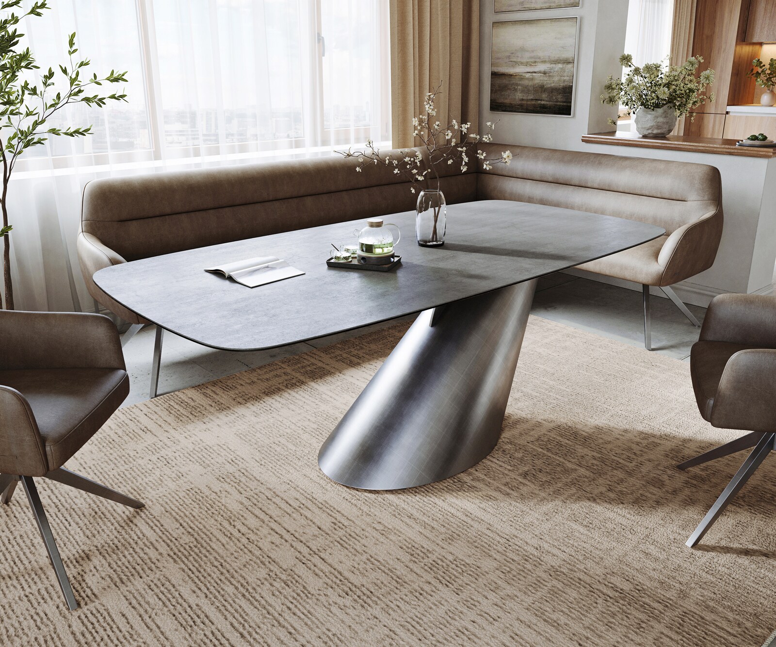 Esstisch Edge Boot 200x100 cm Keramik Beton Grau Cono Metallic Silber