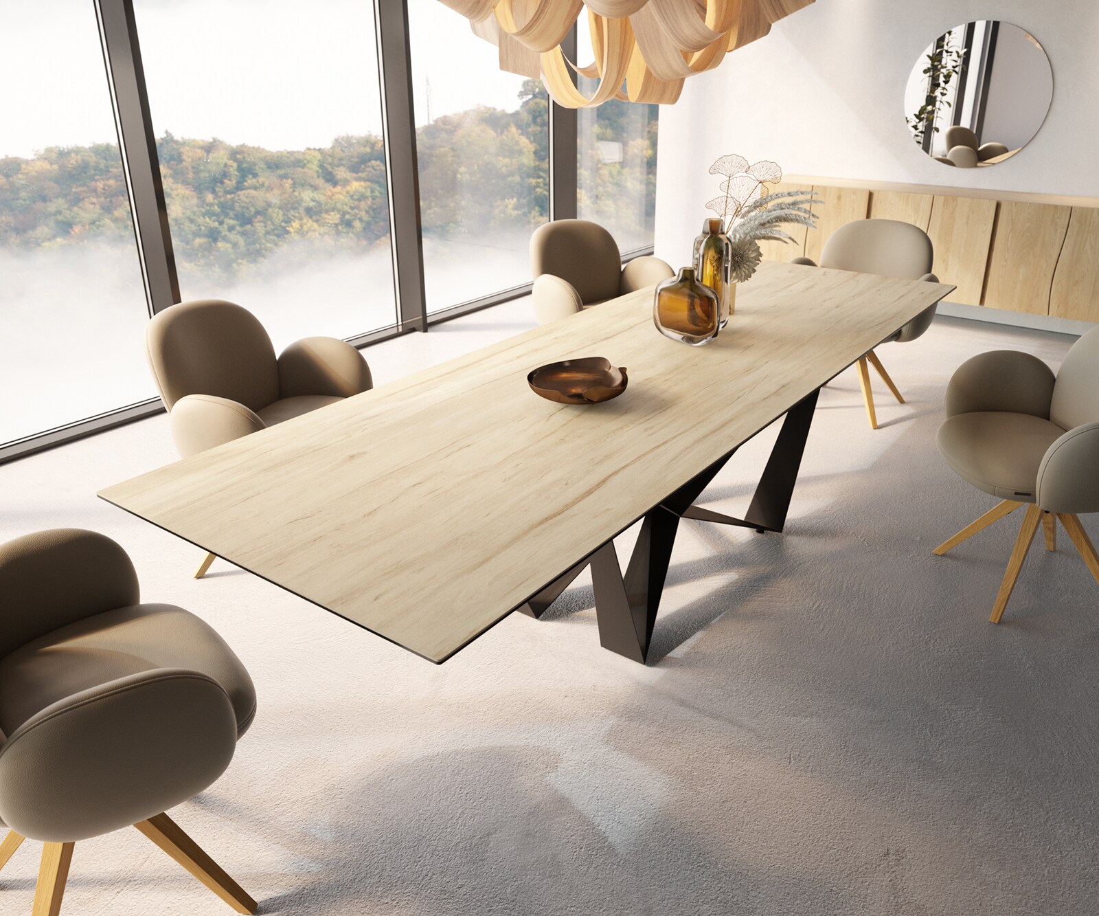 Esstisch Edge 300x100 Keramik Laminam® Sabbia Eichefarbig Spider Flachstahl Schwarz 3