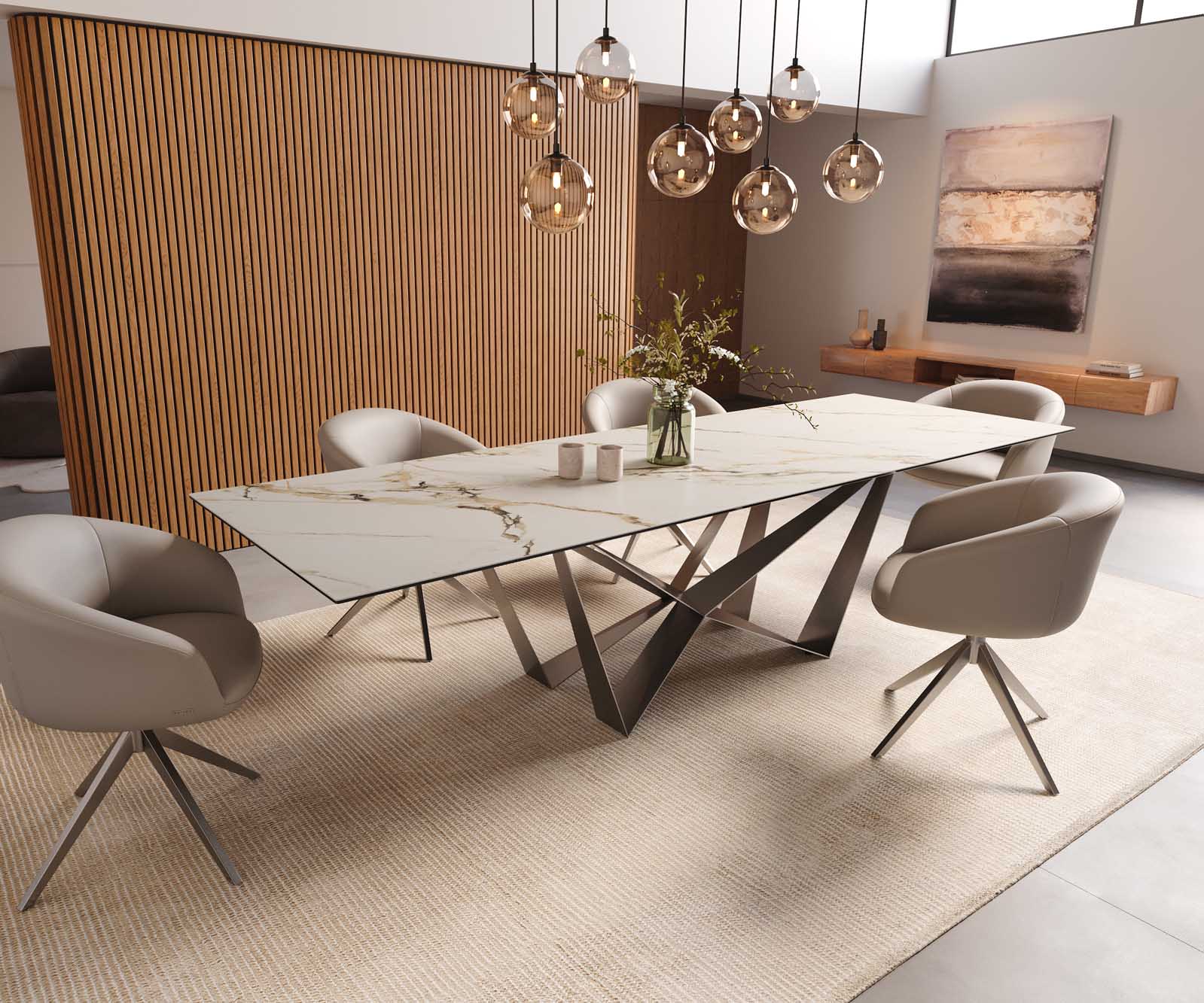 Esstisch Edge 300x100 Keramik Calacatta Luxe Weiß-Gold-Grau Spider Flachstahl Edelstahl 8