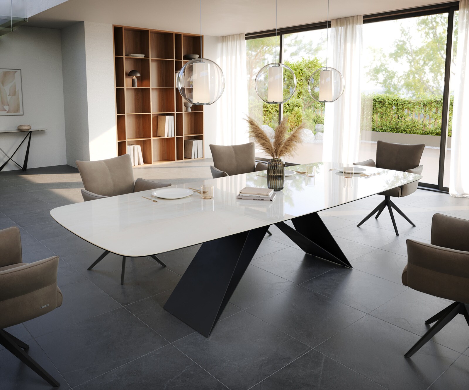 Esstisch Edge Boot 300x120 cm Keramik Onyx Champagne V-Gestell Flachstahl Schwarz