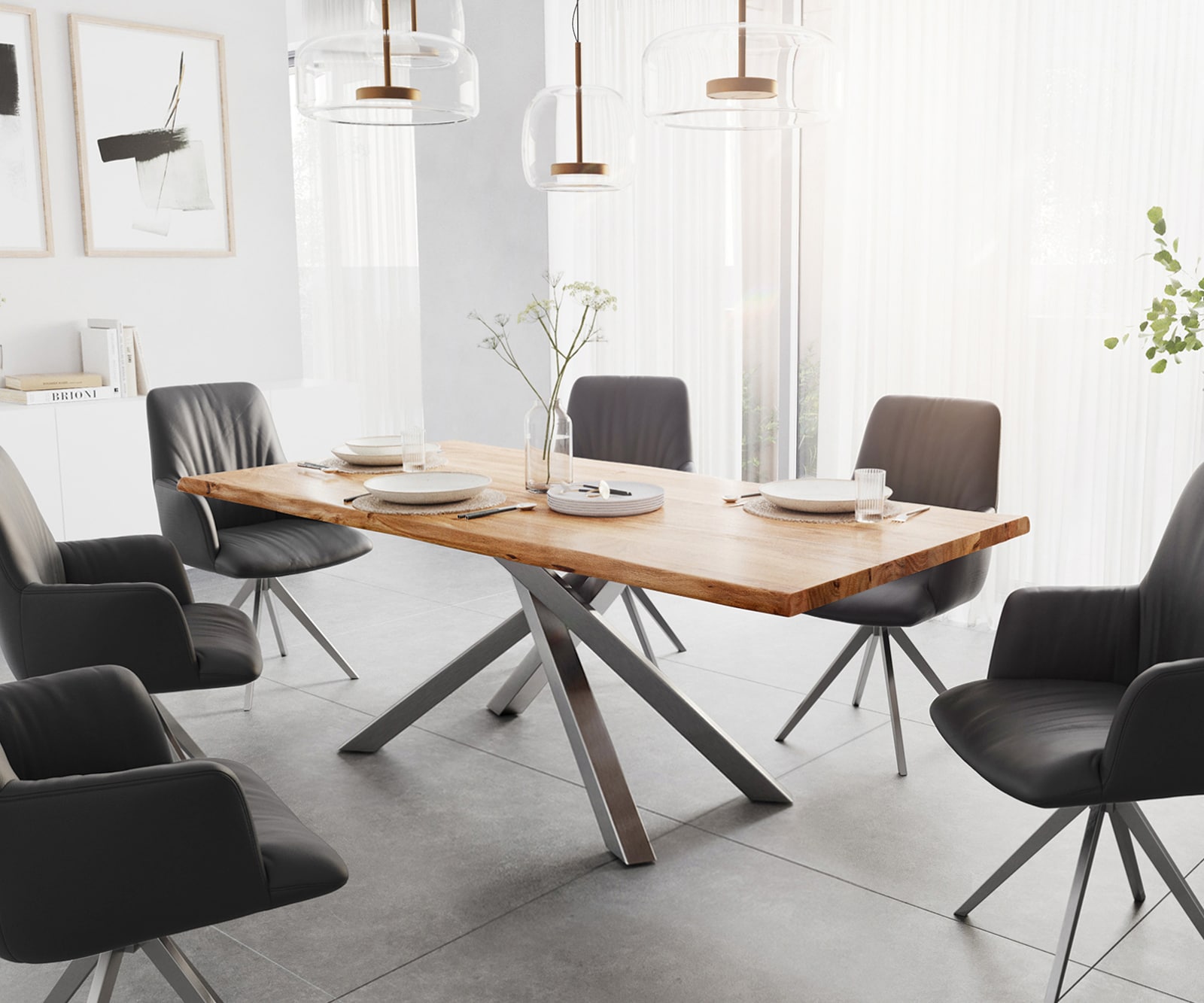 Esstisch Edge 200x100 Akazie Natur Kreuzgestell Rechteck Edelstahl Live-Edge Esstisch Edge 200x100 Akazie Natur Kreuzgestell Rechteck Edelstahl Live-Edge