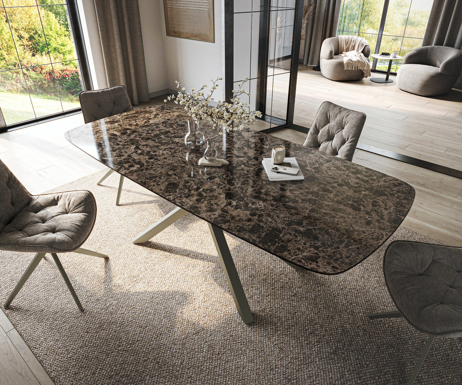 Esstisch Edge Boot 180-220x100 cm Keramik Emperador Extra Lucidato Dunkelbraun Kreuzgestell Rechteck Effektfinish Titan ausziehbar 4