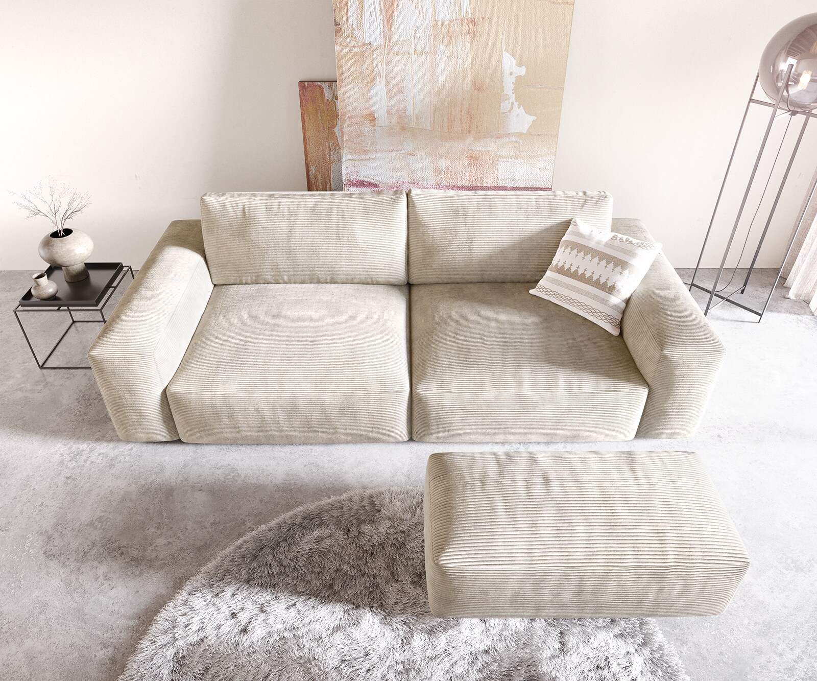 Big-Sofa Lanzo XL 270x130 cm Cord Beige mit Hocker 3