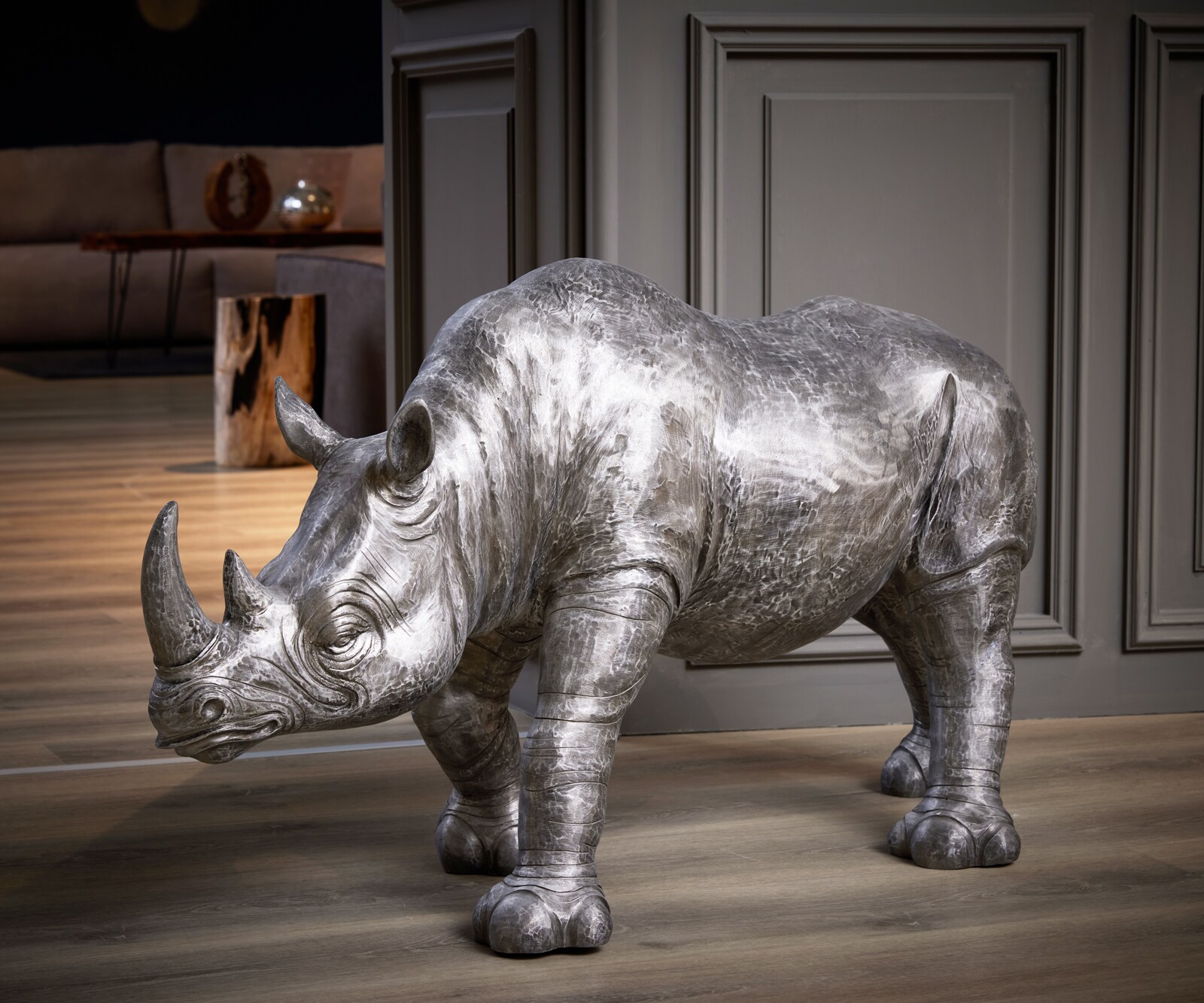 Dekostatue Rhino 113X39X60 Aluminium Schwarz-Silber