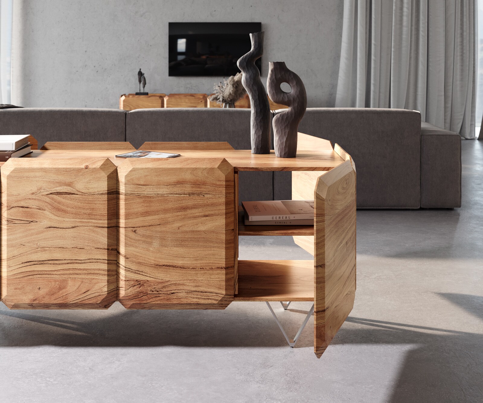 Sideboard Kiano 175 cm Akazie Natur 4 Türen V-Fuß Edelstahl Raumteiler 5