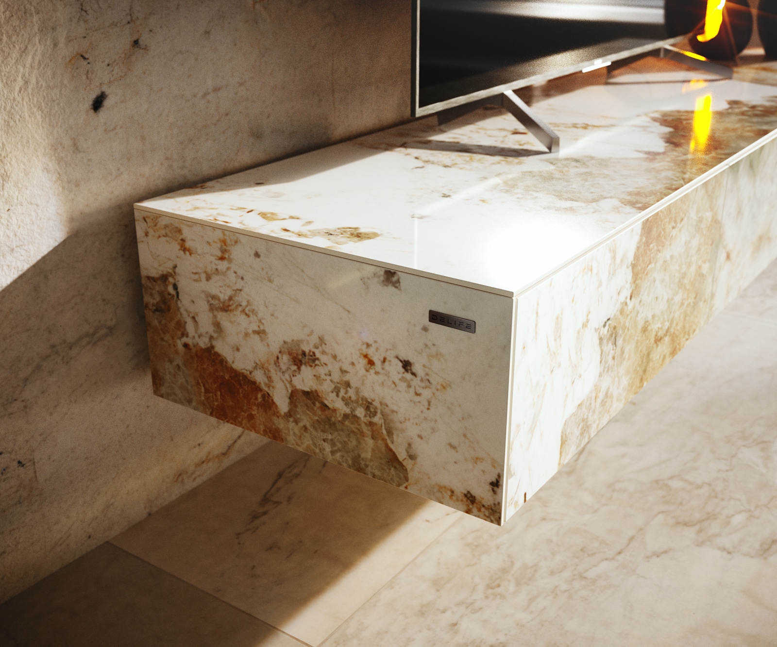 Lowboard Cuor 150 cm Keramik Minas Melange Weiß-Beige 1 Klappe 1 Schubfach Fuß Schwebeoptik Acrylglas 6 Lowboard Cuor 150 cm Keramik Minas Melange Weiß-Beige 1 Klappe 1 Schubfach Fuß Schwebeoptik Acrylglas 6