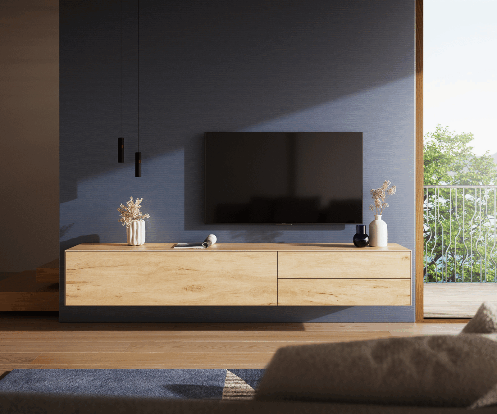 Lowboard Cuor 220 cm Keramik Laminam® Sabbia Eichefarbig 1 Klappe 2 Schubfächer Schwebend 1
