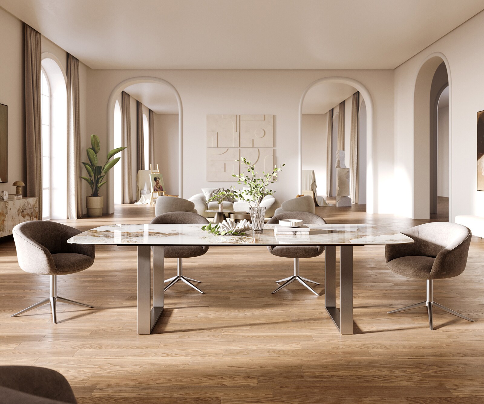 Esstisch Edge Boot 260x120 cm Keramik Minas Melange Weiß-Beige Edelstahl Schmal 2