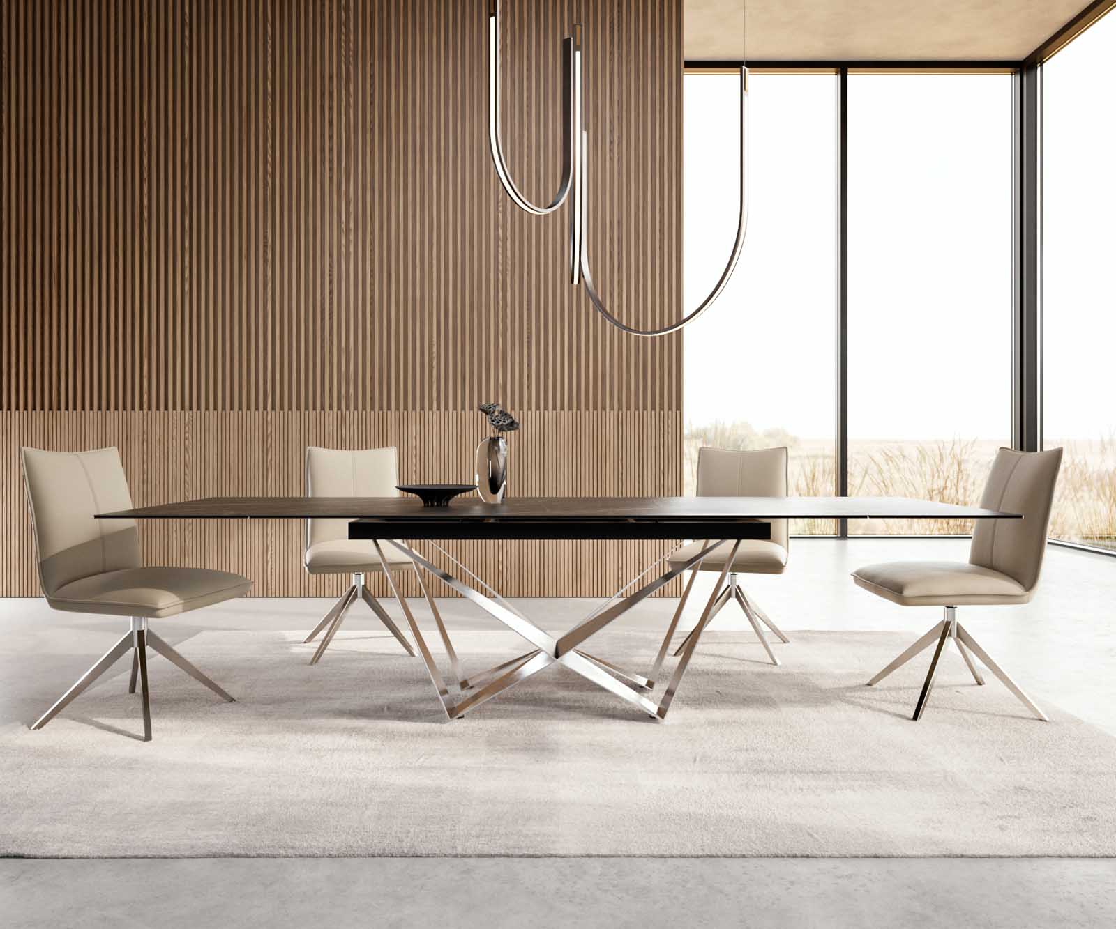 Esstisch Edge 200-300x100 Keramik Laminam®Noir Desir Braun Spider Flachstahl Edelstahl ausziehbar 2