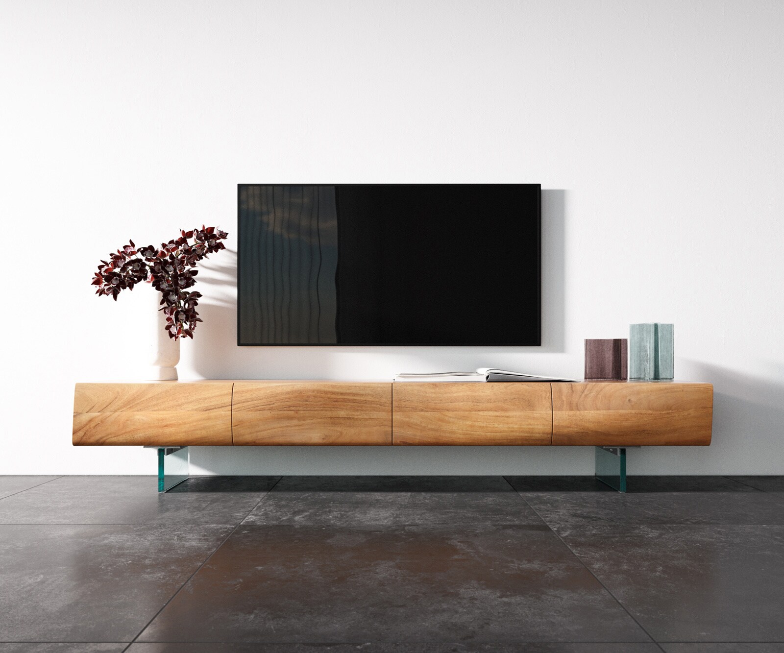 Lowboard New Live-Edge 200 cm Akazie Natur 4 Türen Glasfuß 3