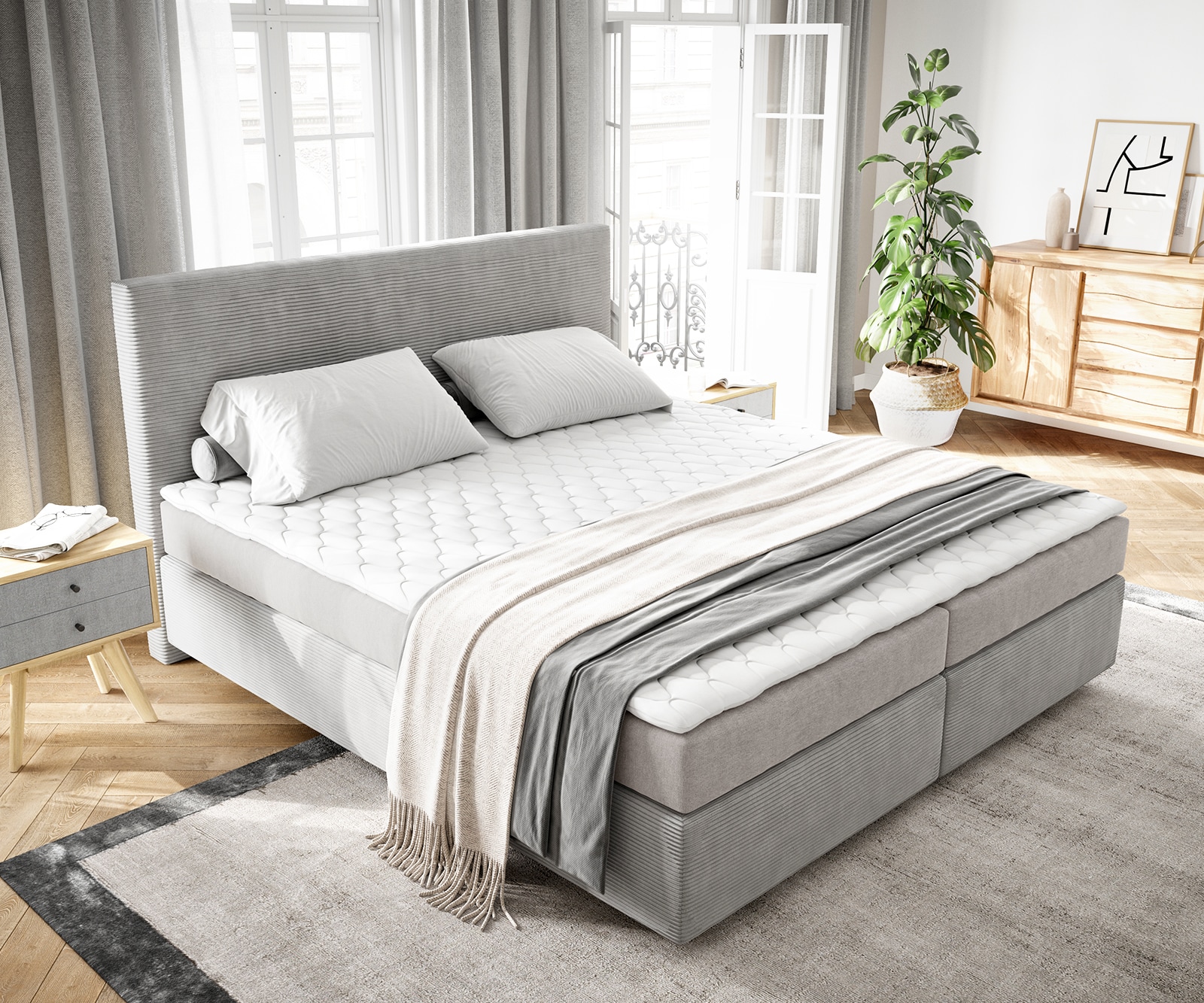 Boxspringbett Dream-Well 160x200 cm Cord Silbergrau mit Matratze und Topper 3 Boxspringbett Dream-Well 160x200 cm Cord Silbergrau mit Matratze und Topper 3