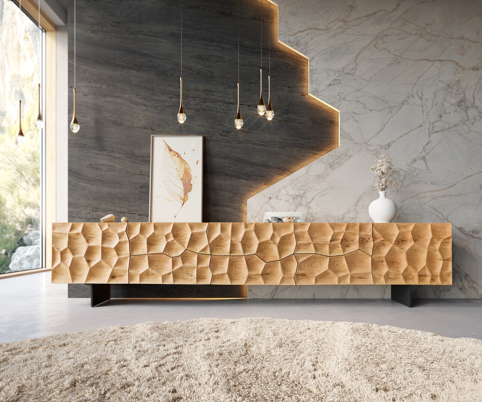 Lowboard Solu 260 cm Eiche Natur 2 Türen 6 Schübe Fuß schwebend Metall Schwarz 3D-Front 1