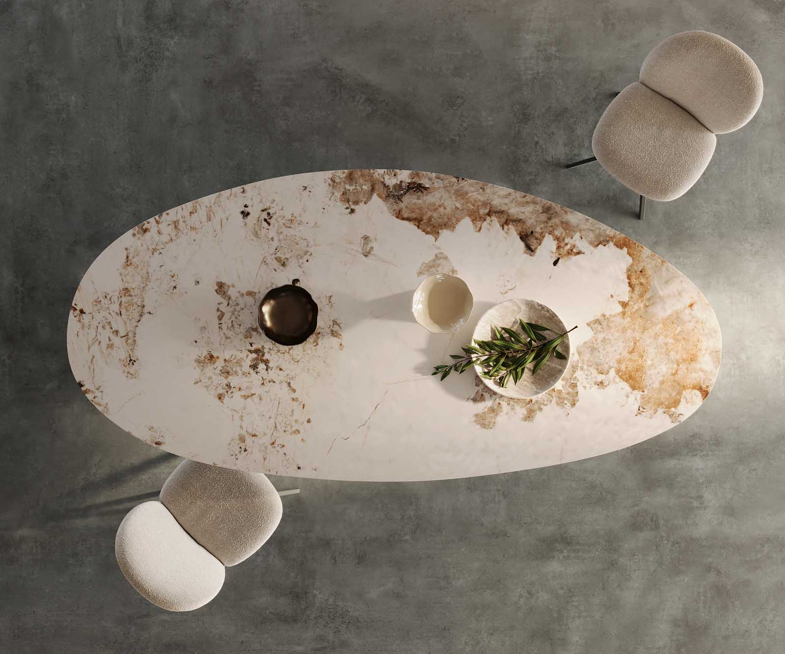 Esstisch Edge Oval 280x130 Keramik Minas Melange Weiß-Beige Infinity Metall Effektfinish Titan 4