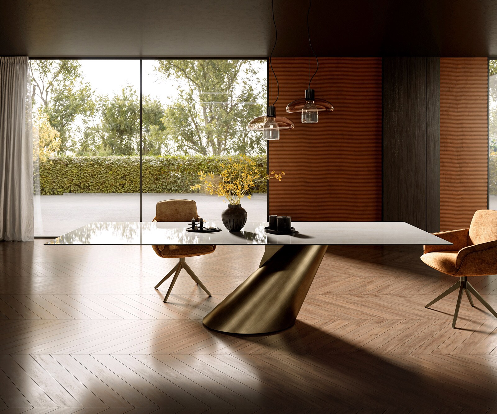 Esstisch Edge 300x100 cm Keramik Onyx Champagne Cono Metallic Gold 1